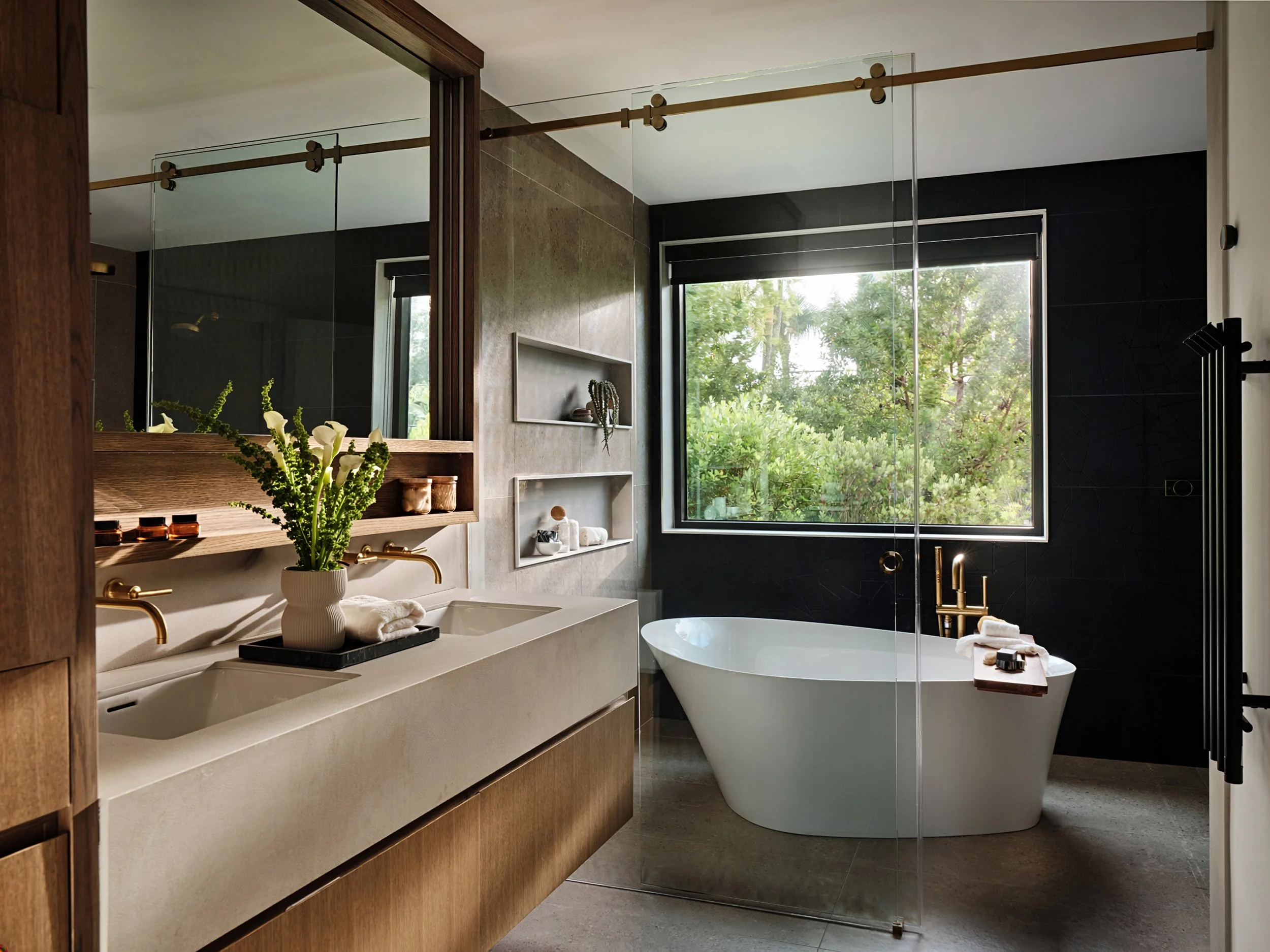 Moody bathroom with freestanding bathtub. Contemporary bathroom design in South Florida. Interior design by Concept 2 Design.