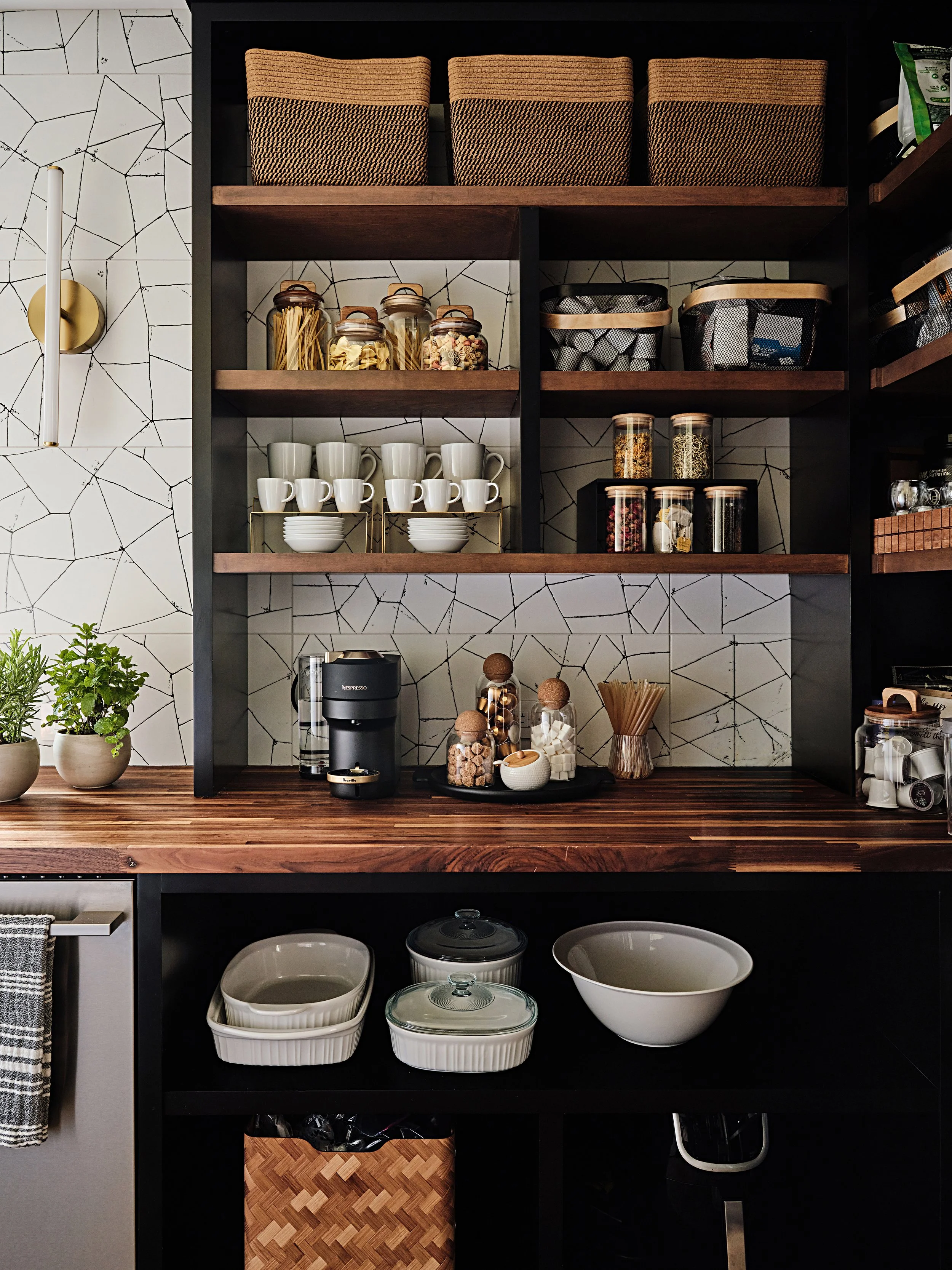 Coffee station in pantry. Butcher block countertops and open shelving. New construction home details in South Florida. Interior Design by Concept 2 Design.