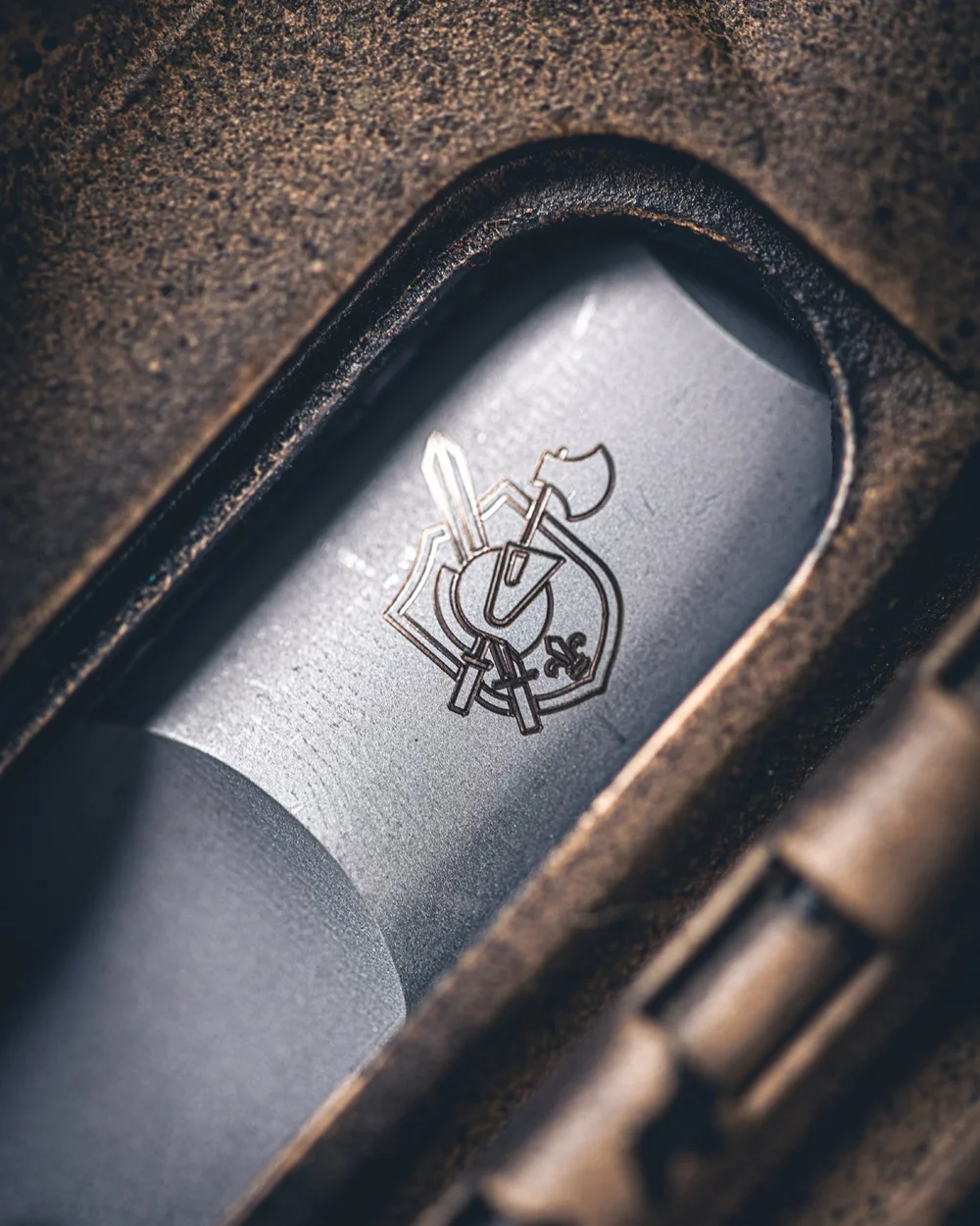 Macro detail of an engraved firearm marking