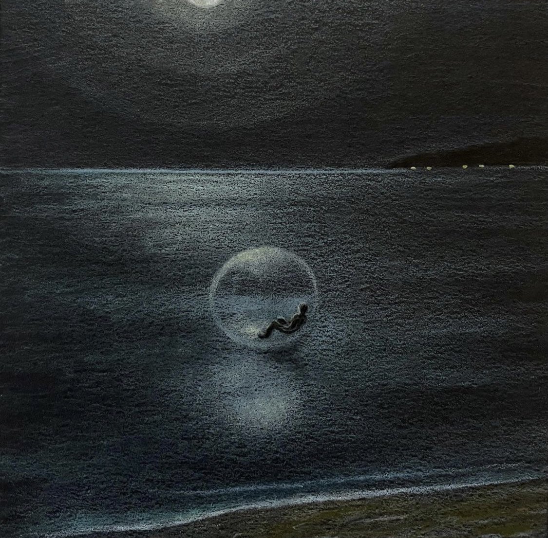 a painting of a person floating in a bubble on water above a large bright full moon. artist unknown.