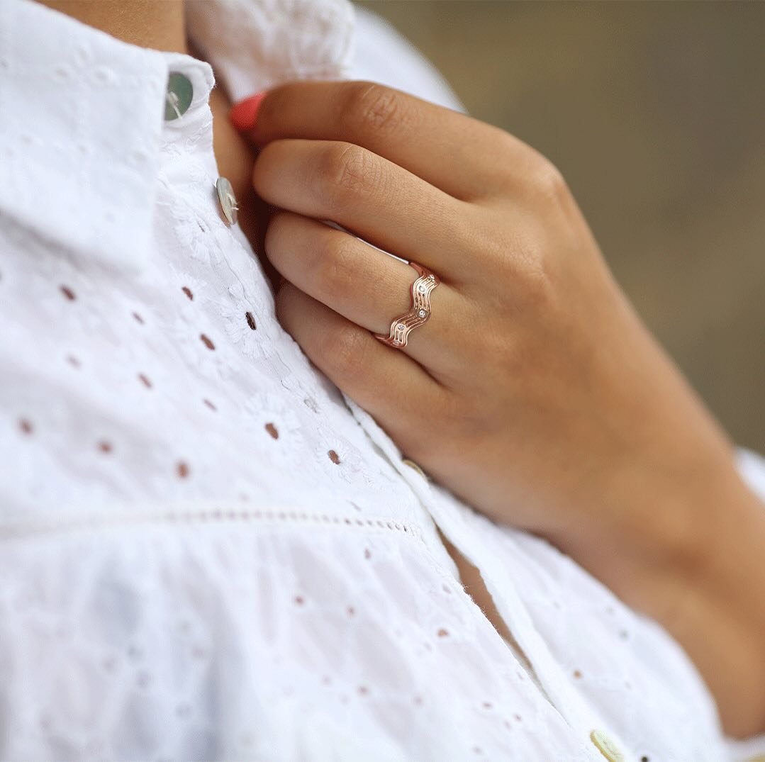 The Ric Rac Wedding Band is an effortless union of fluid form and timeless style. 
The refined Ric Rac contour create a tailored fit that curves in perfect harmony with any engagement ring but also can be worn as a stand alone piece.
This modern clas