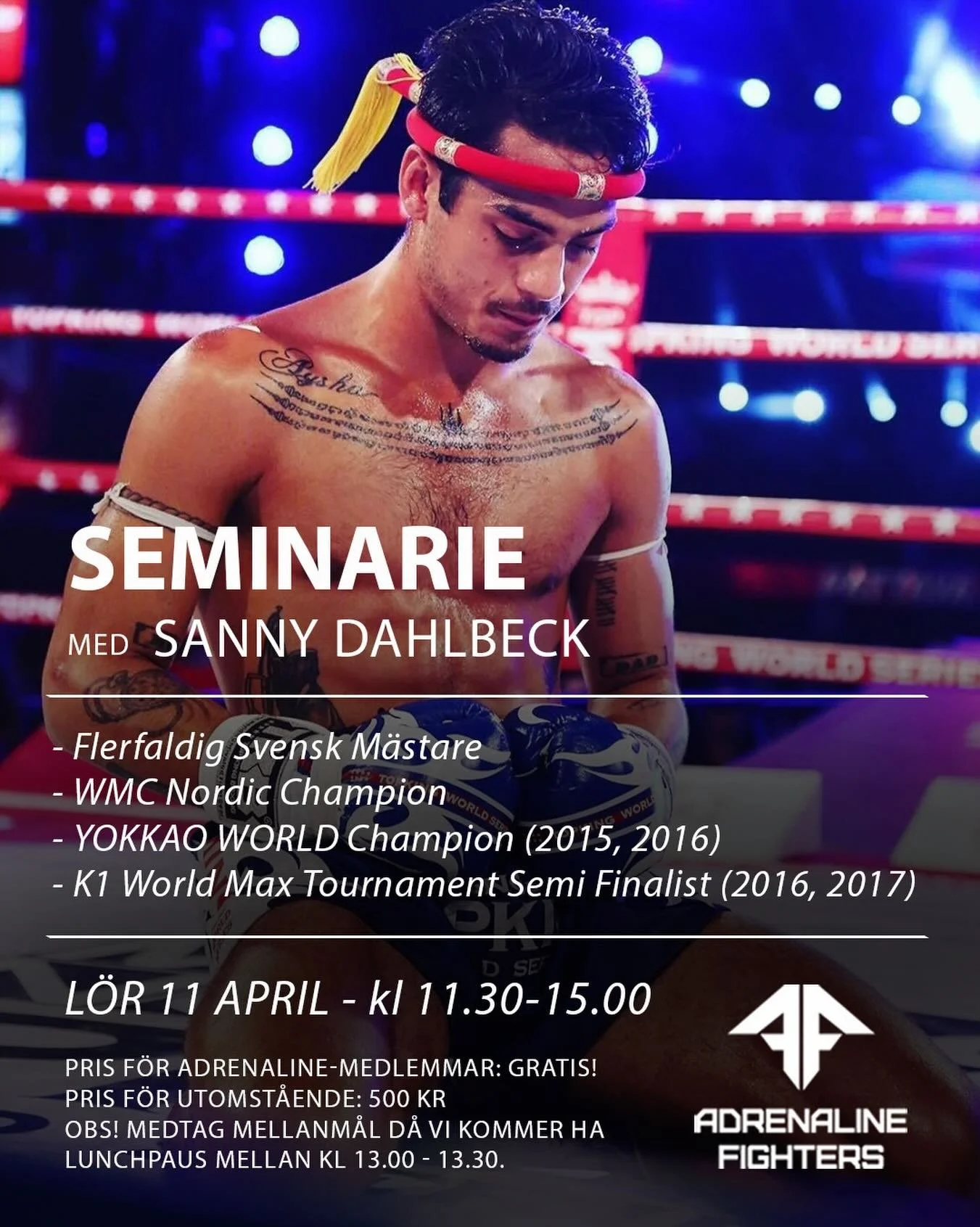 L&ouml;rdag den 11 april kommer ingen mindre &auml;n Sanny Dahlbeck (@sannydahlbeck) till Adrenaline Fighters f&ouml;r ett efterl&auml;ngtat tr&auml;ningsseminarie!

Sanny har otaliga m&auml;sterskapstitlar bakom sig och kommer nyligen fr&aring;n en 