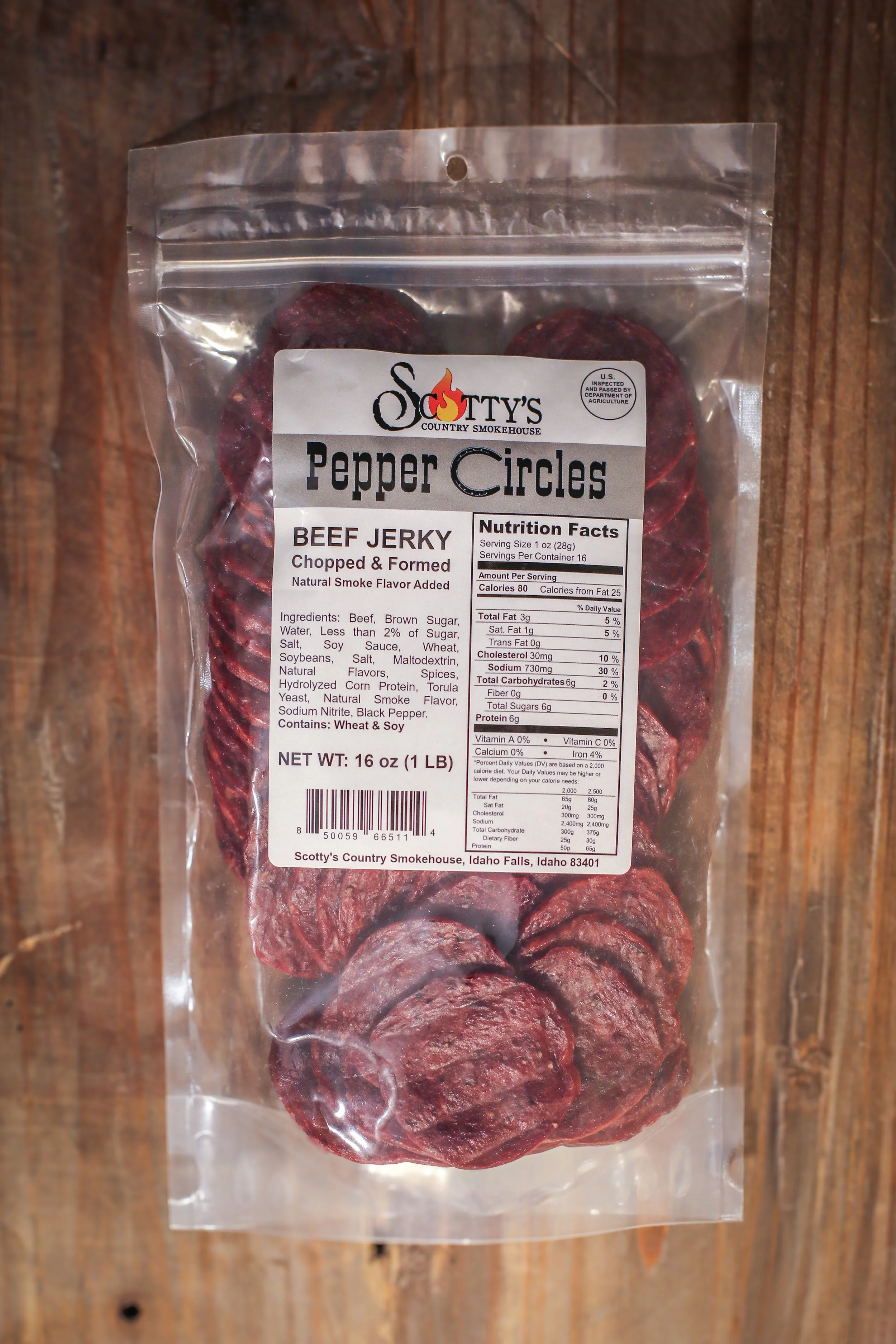 16 oz. (1 lb) Scotty's - Circles Beef Jerky Chopped & Formed - Pepper
