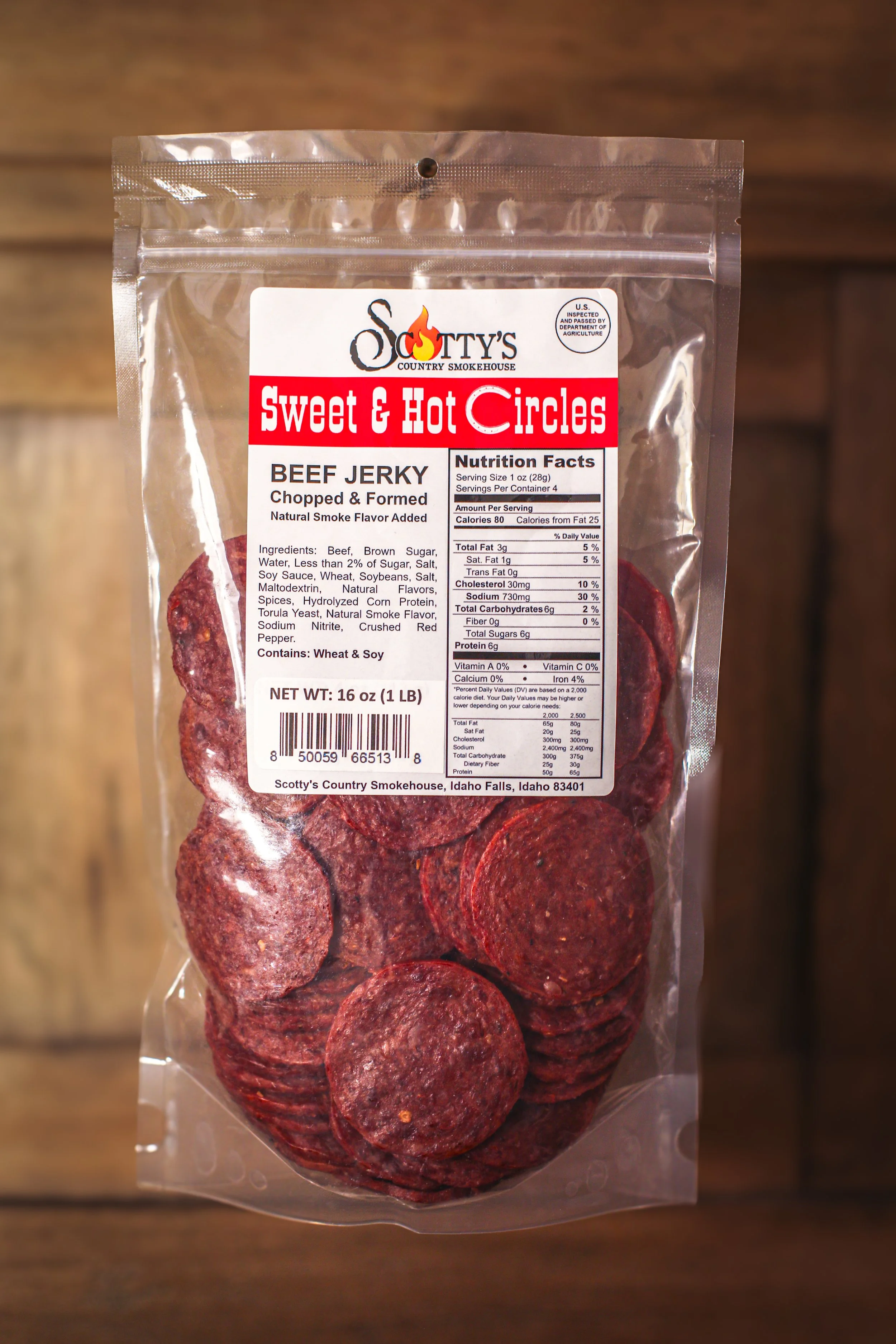 16 oz. (1 lb) Scotty's - Circles Beef Jerky Chopped & Formed - Sweet & Hot