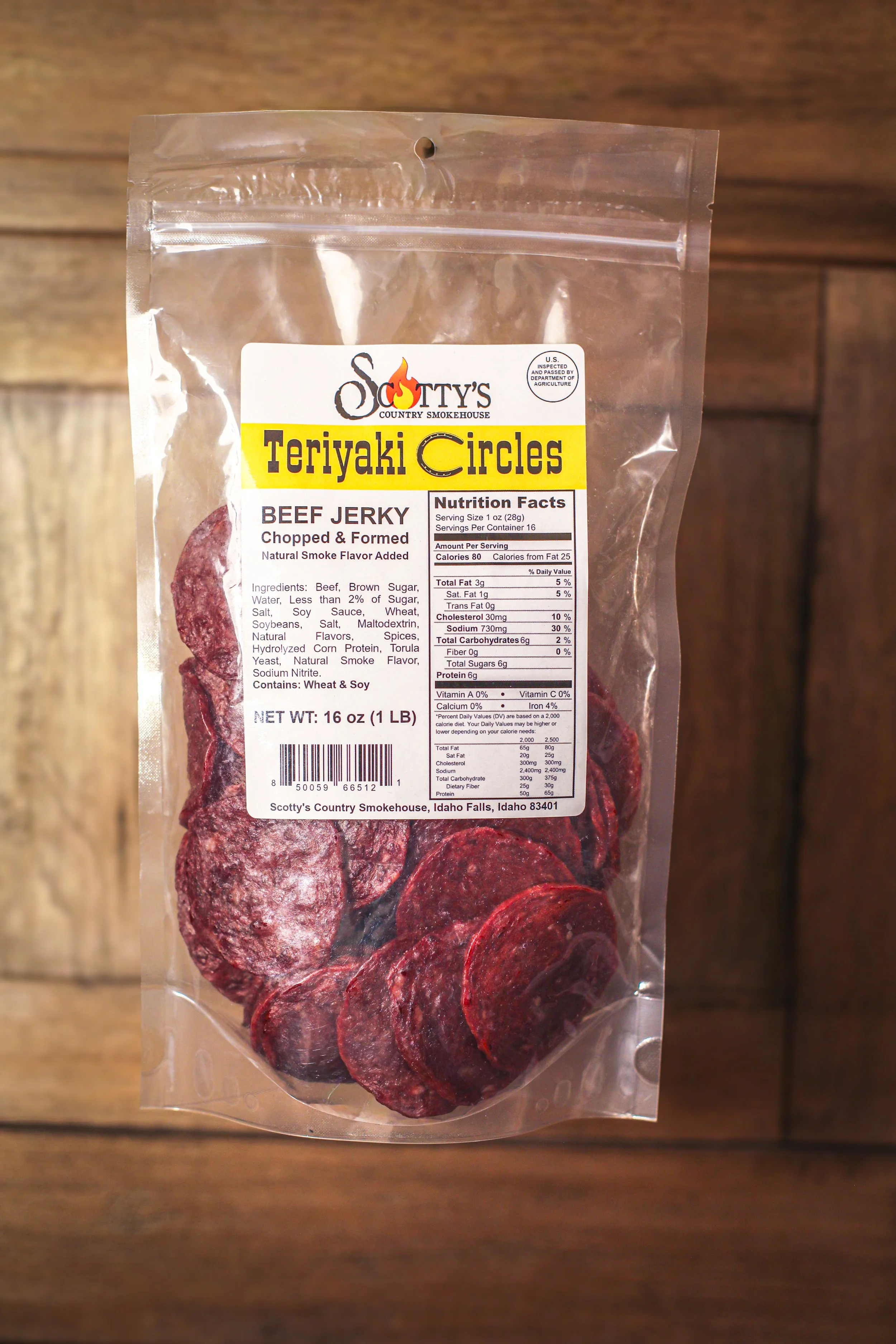 16 oz. (1 lb) Scotty's - Circles Beef Jerky Chopped & Formed - Teriyaki
