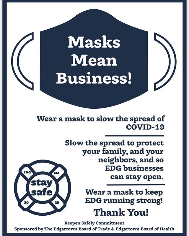 Masks Mean Business 😷 thanks to the @marthasvineyardtimes for the article (link in bio) on our reopening initiative! Slow the spread, wear a mask! #edgartown #marthasvineyard