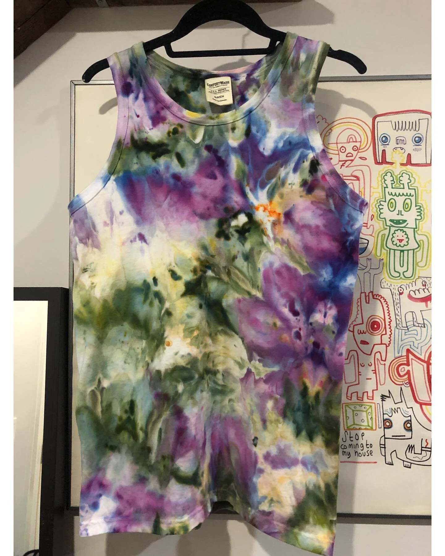 Been playing with dye placement and overall technique... PRETTY HAPPY WITH THE RESULTS! 100% cotton tanks, Size S, Size S and Size M. $40 each. #tiedye #icedye UPDATE: Shirts 1 and 3 are SOLD! Shirt 2 (size S, purple/gold still available)