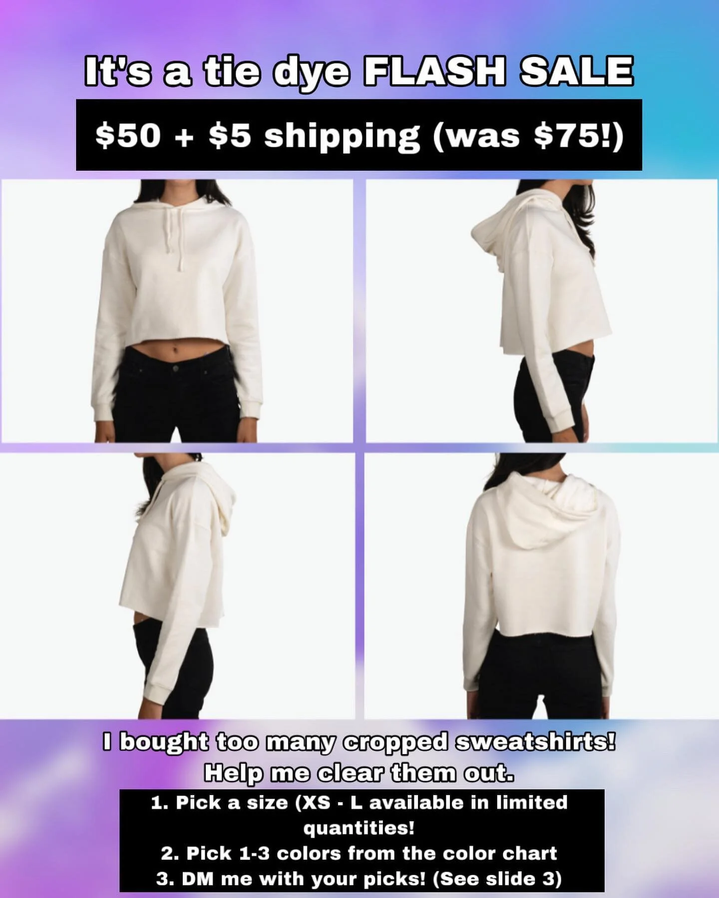 It&rsquo;s a FLASH SALE y&rsquo;all!

These hoodies are cozy, cute, and v cropped. I bought a few too many and need to make space! I normally sell them for $75 but these are going to be $50 + $5 shipping!

Here&rsquo;s how it works: 
1. Send me a DM 