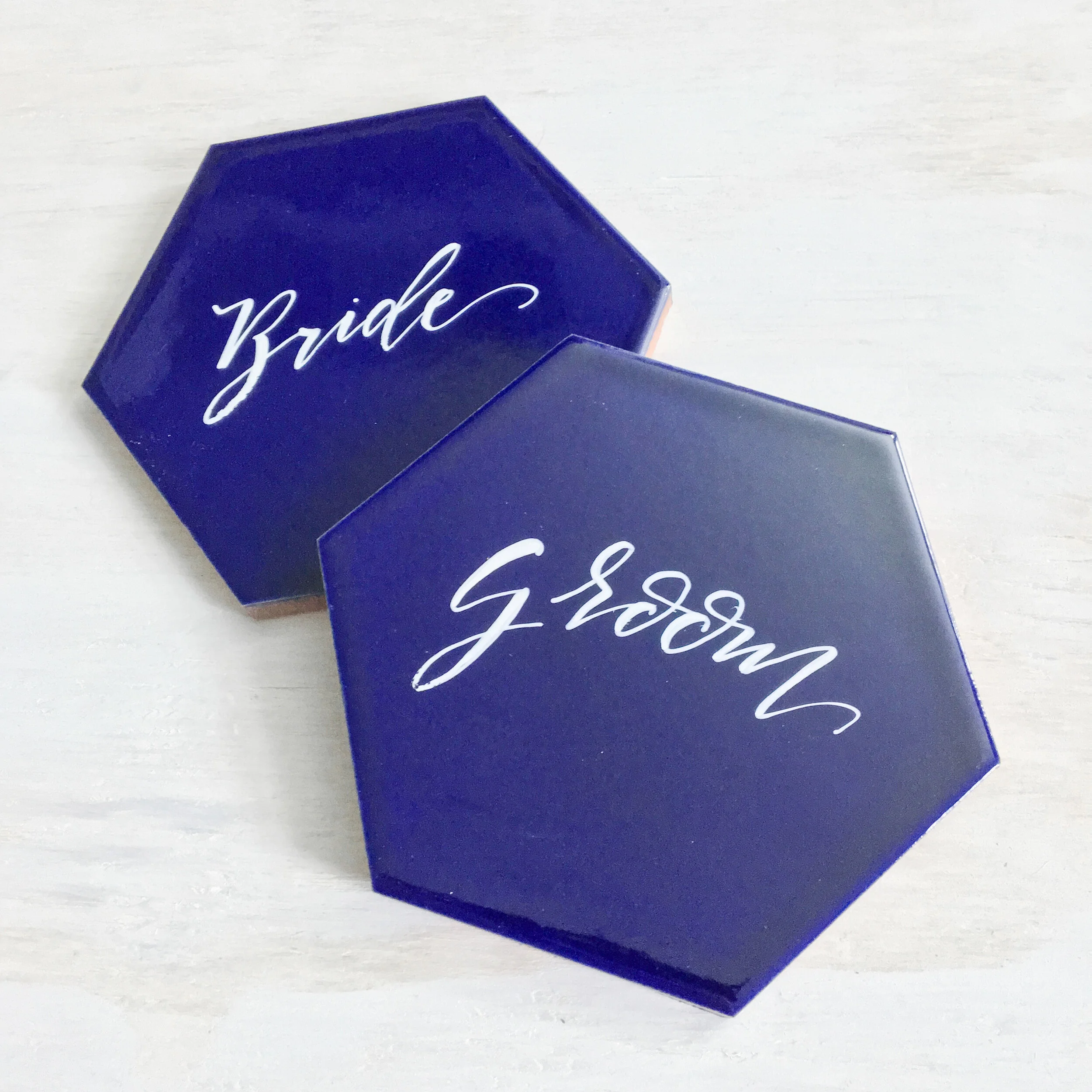 Calligraphy: Blue Hexagon Place Cards
