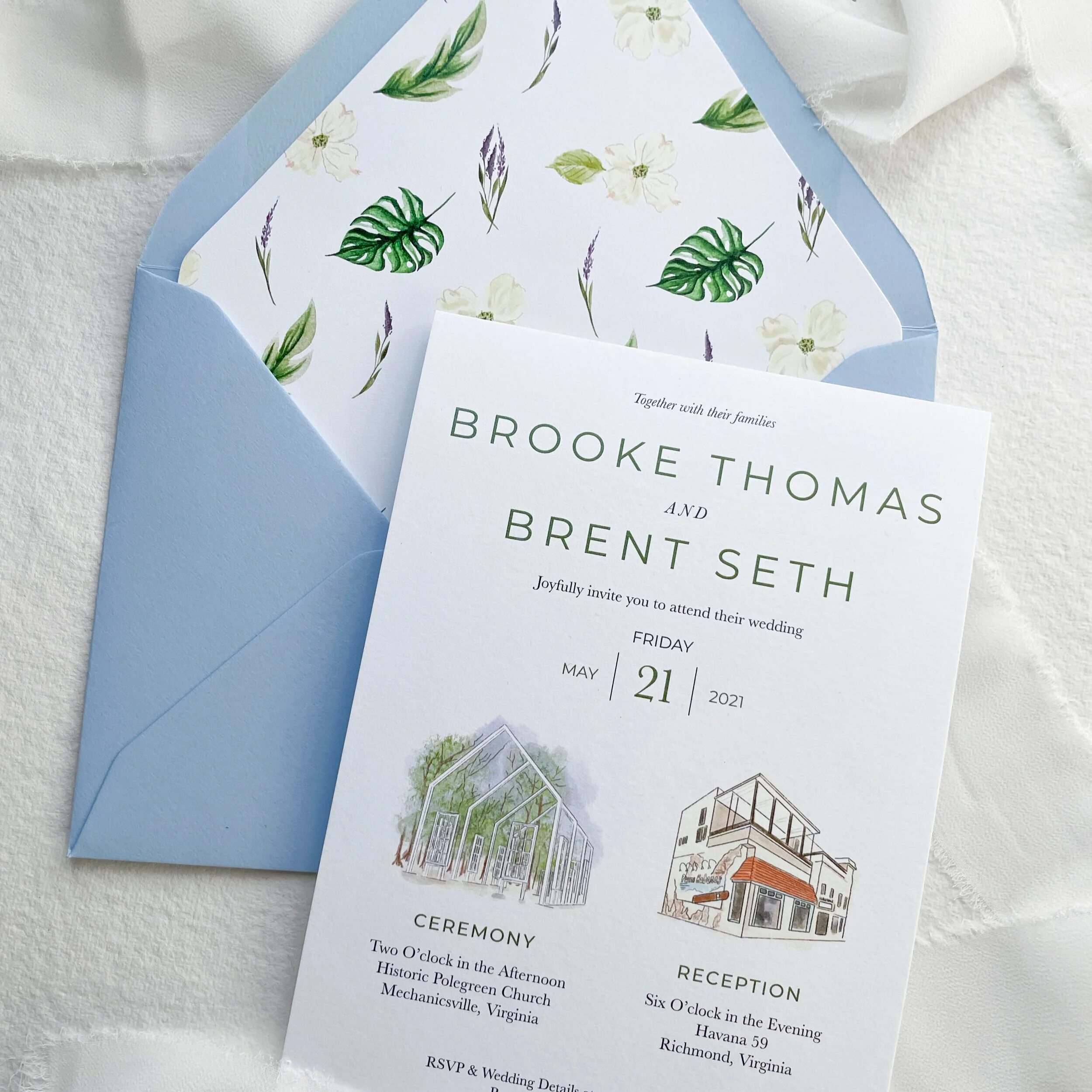 Watercolor Illustration Wedding Invitations: Brooke and Brent