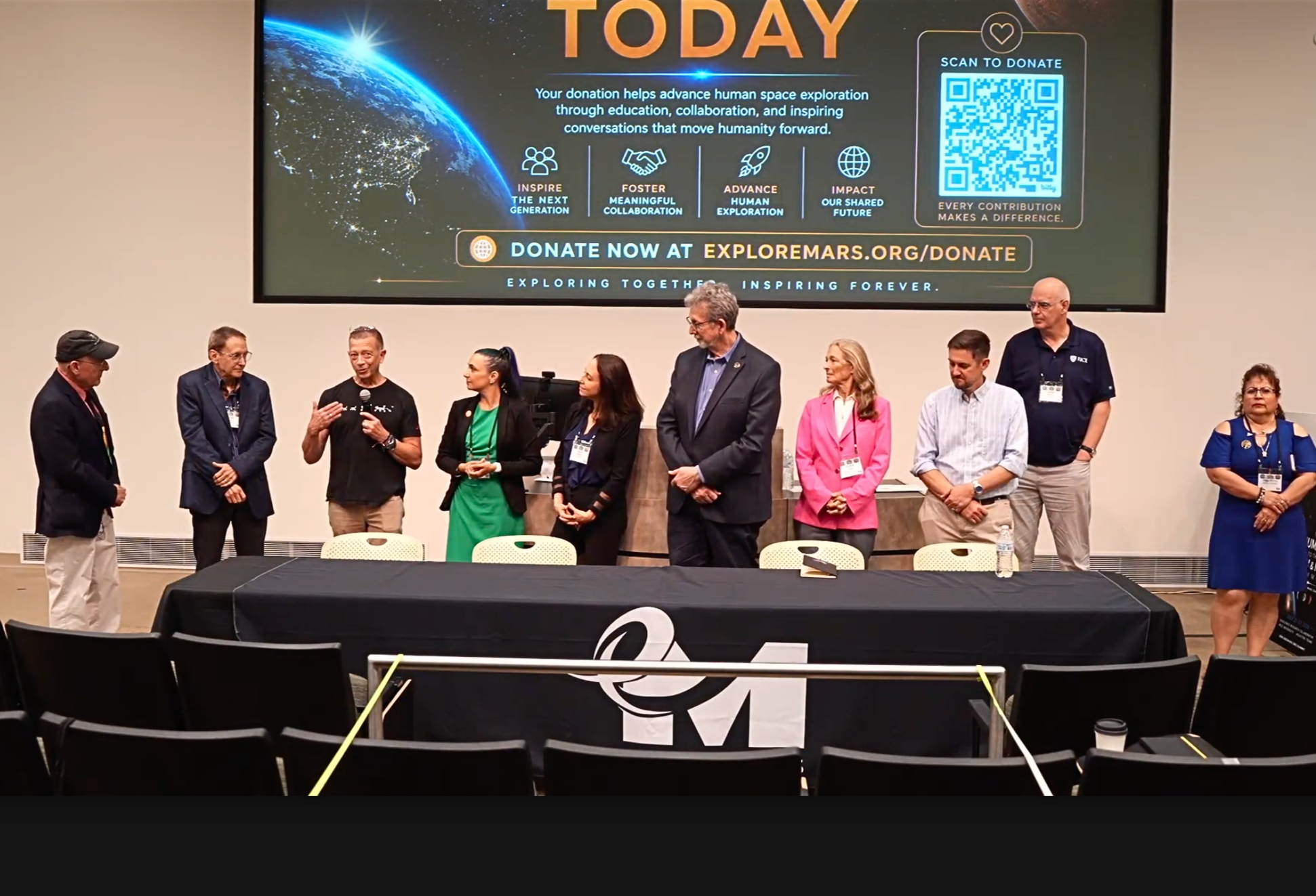 A group of Humans to the Moon and Mars Summit speakers stands together on stage at the close of the 2026 H2M2 Summit in Houston, Texas.