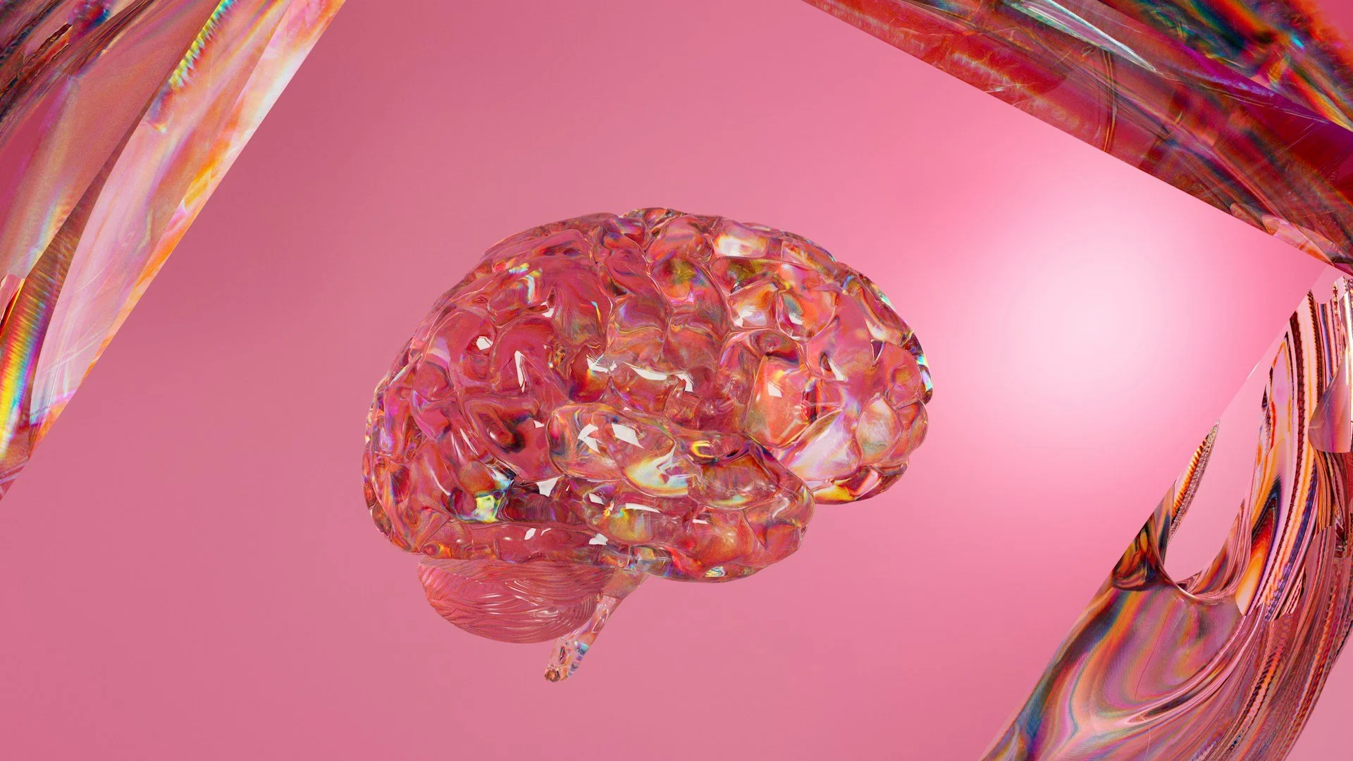 A 3D digital rendering of a human brain in vibrant pink tones representing the future of neuroscience research.
