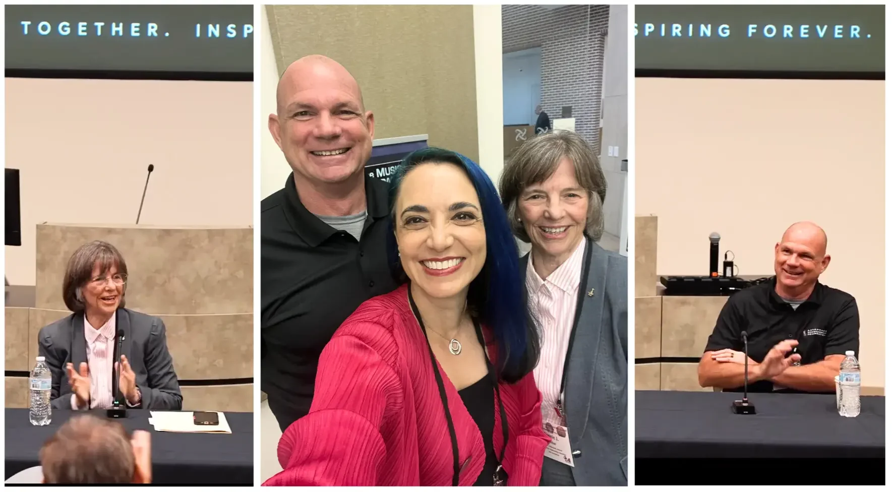 Photo collage of Tiffany Vora speaking with retired NASA astronauts Dr. Bonnie Dunbar and Tony Antonelli at the Humans to the Moon and Mars Summit.
