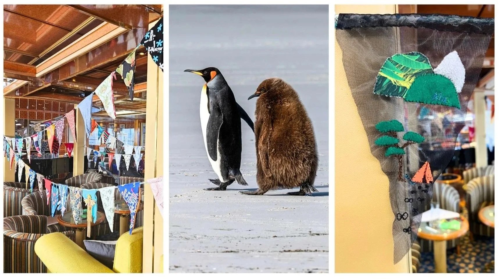 Antarctic expedition collage. A three-part collage showing colourful nautical buntings hanging inside a ship cabin, an adult penguin standing next to a fluffy brown chick on the ice, and a bunting textile artwork depicting a mountain landscape.