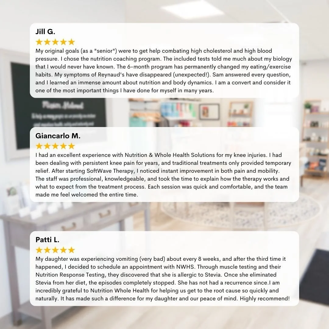 Still not sure if our Functional Lab Testing Program, SoftWave Therapy and Nutrition Response Testing/Nutrition Coaching are the right fit for you or a loved one? Don&rsquo;t take it from us. These are just a few of our 120+ 5-star Google reviews.

W