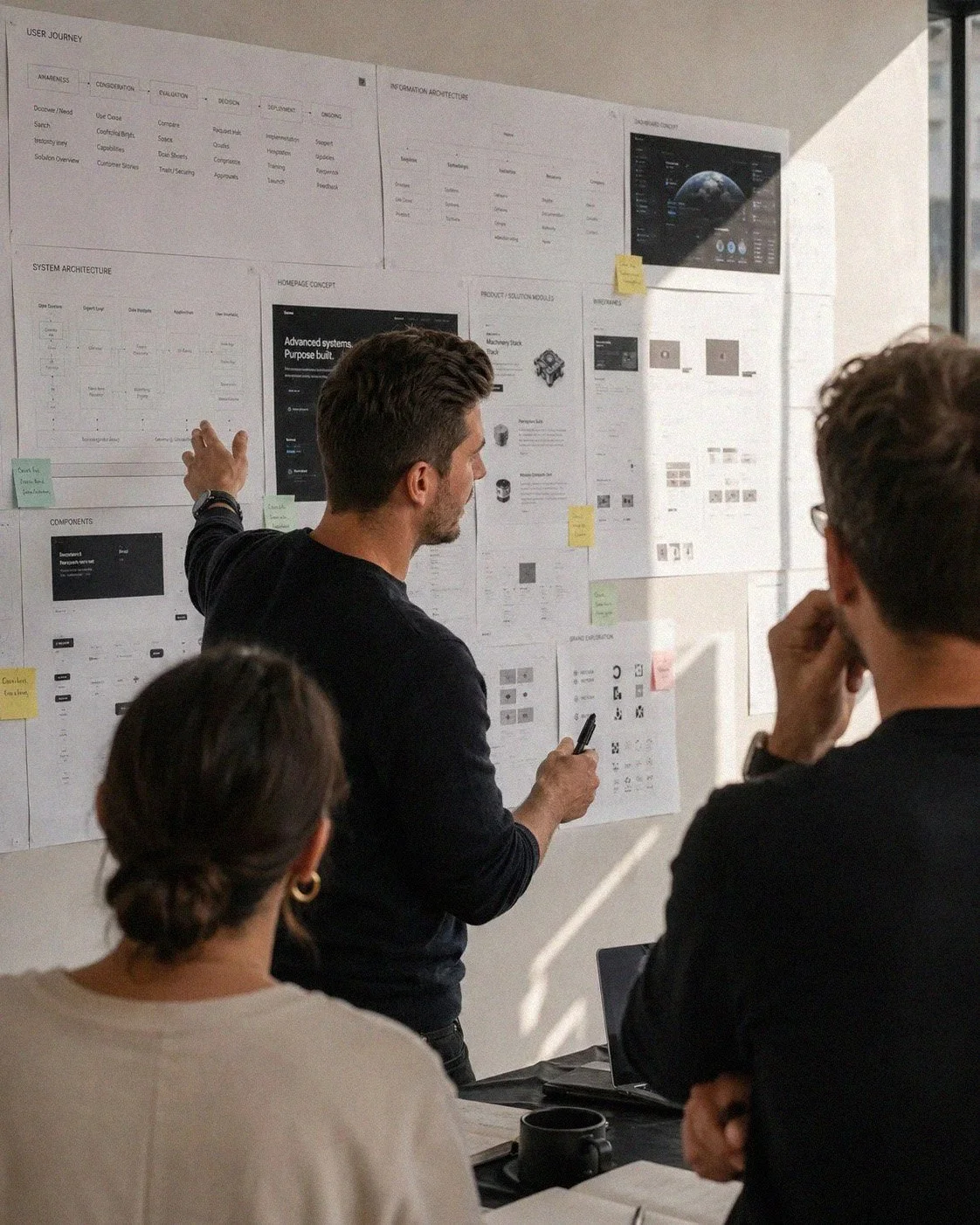 A group of people in a meeting room looking at a wall covered with printed diagrams, charts, and notes. A man is standing and pointing at the wall, explaining something to the others.