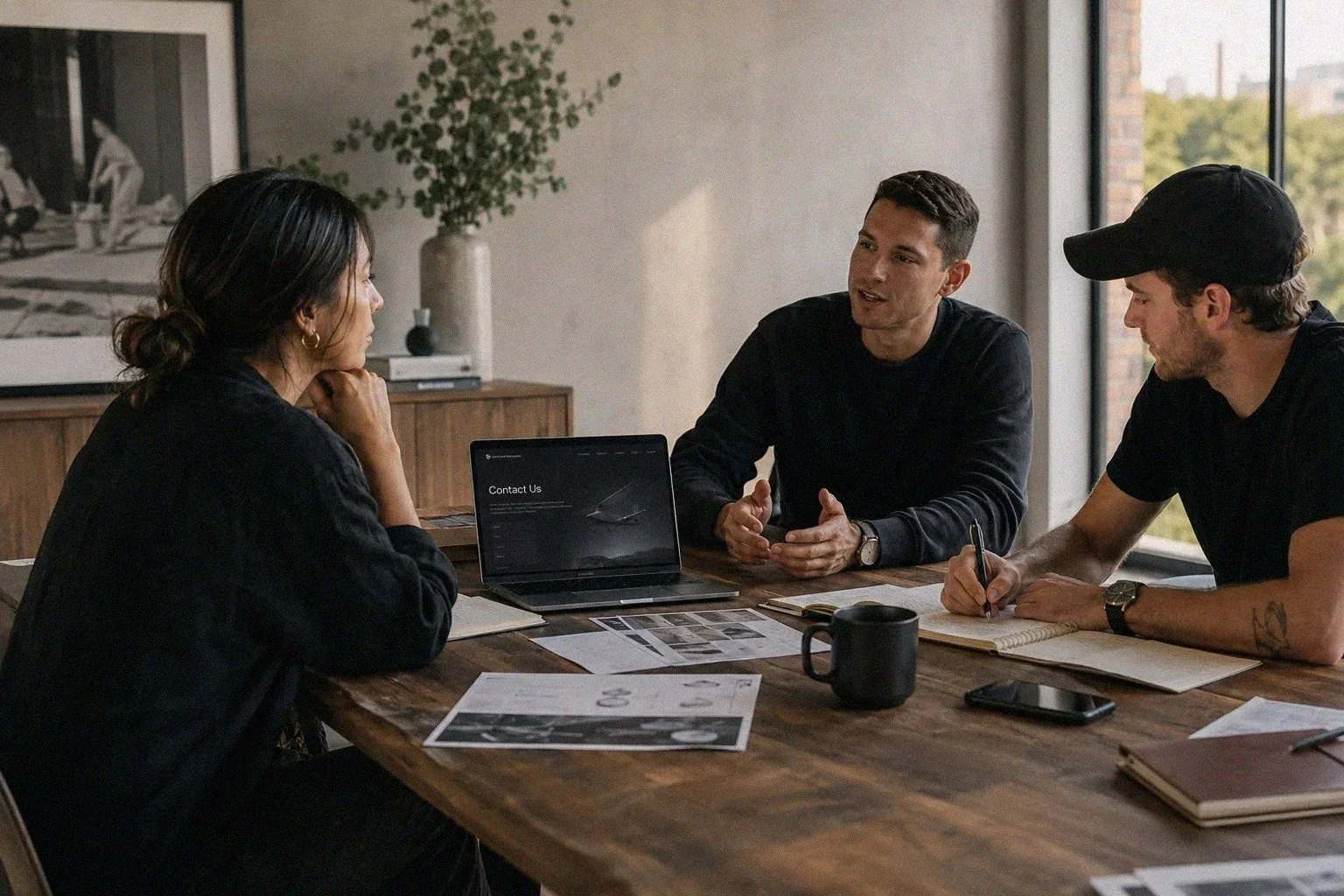 Three people engaged in a discussion at a wooden table in a modern office or conference room, with documents, a laptop, notebooks, and a coffee mug on the table.