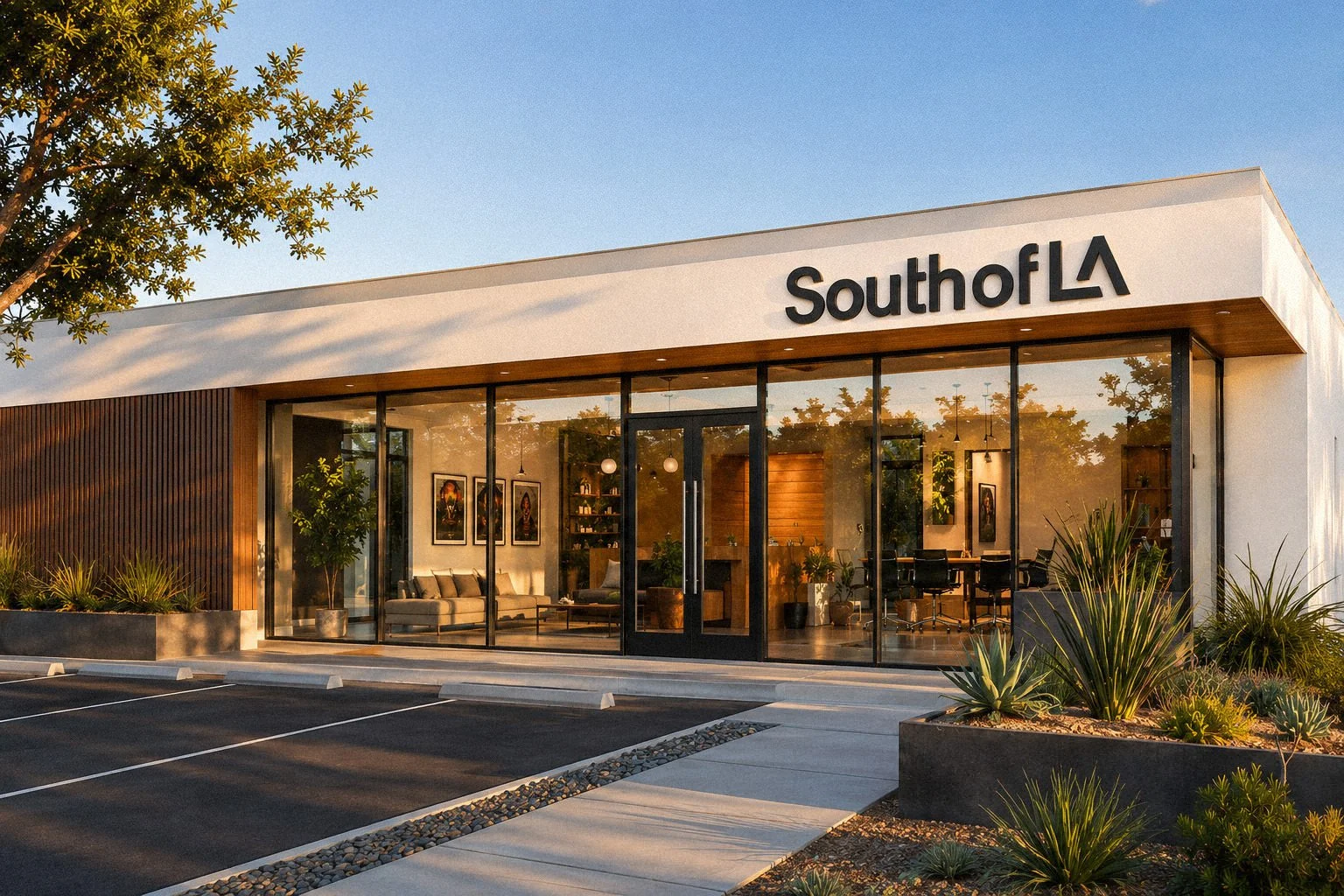 South of LA's modern office building with large glass windows, surrounding landscaped plants, and a parking lot.
