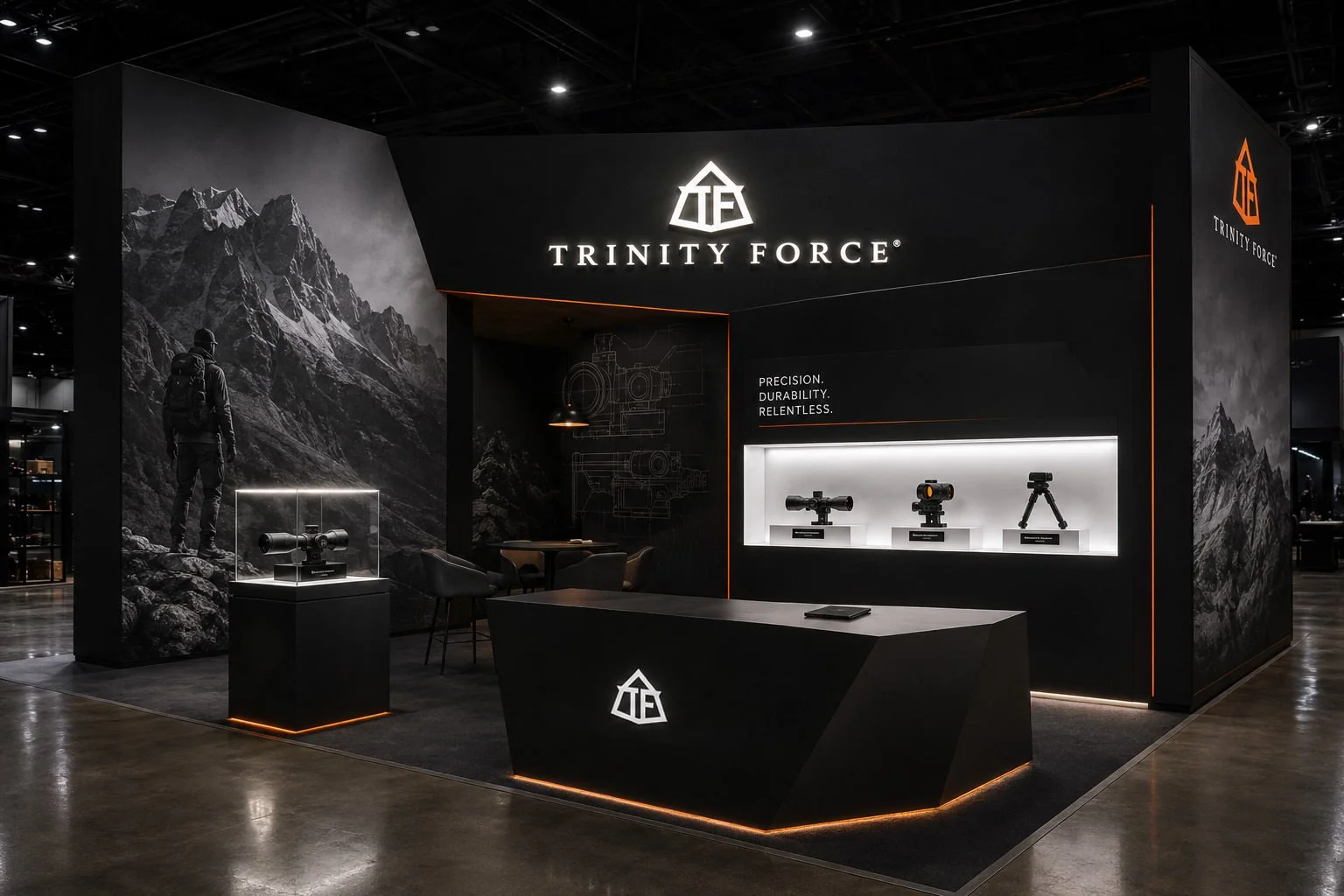 Trade show booth for Trinity Force featuring tactical scopes and rifle optics, with black and gray mountain-themed graphics, illuminated display cases, and a black, angular reception desk. Work by South of LA.