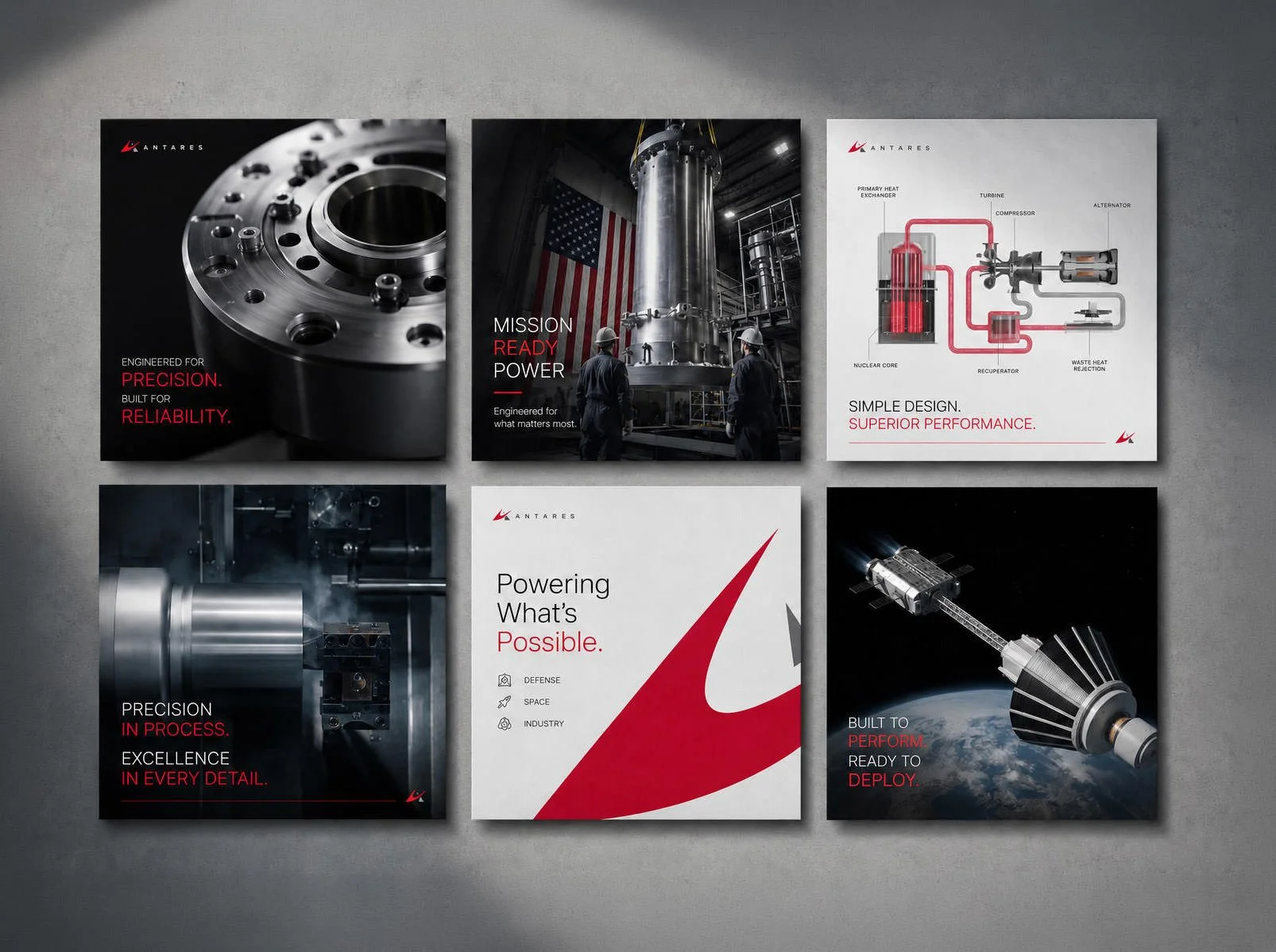 Six posters with images and texts related to engineering and space technology for Antares Nuclear, featuring mechanical components, and industrial scenes, with slogans emphasizing precision, power, performance, and reliability. Work by South of LA.
