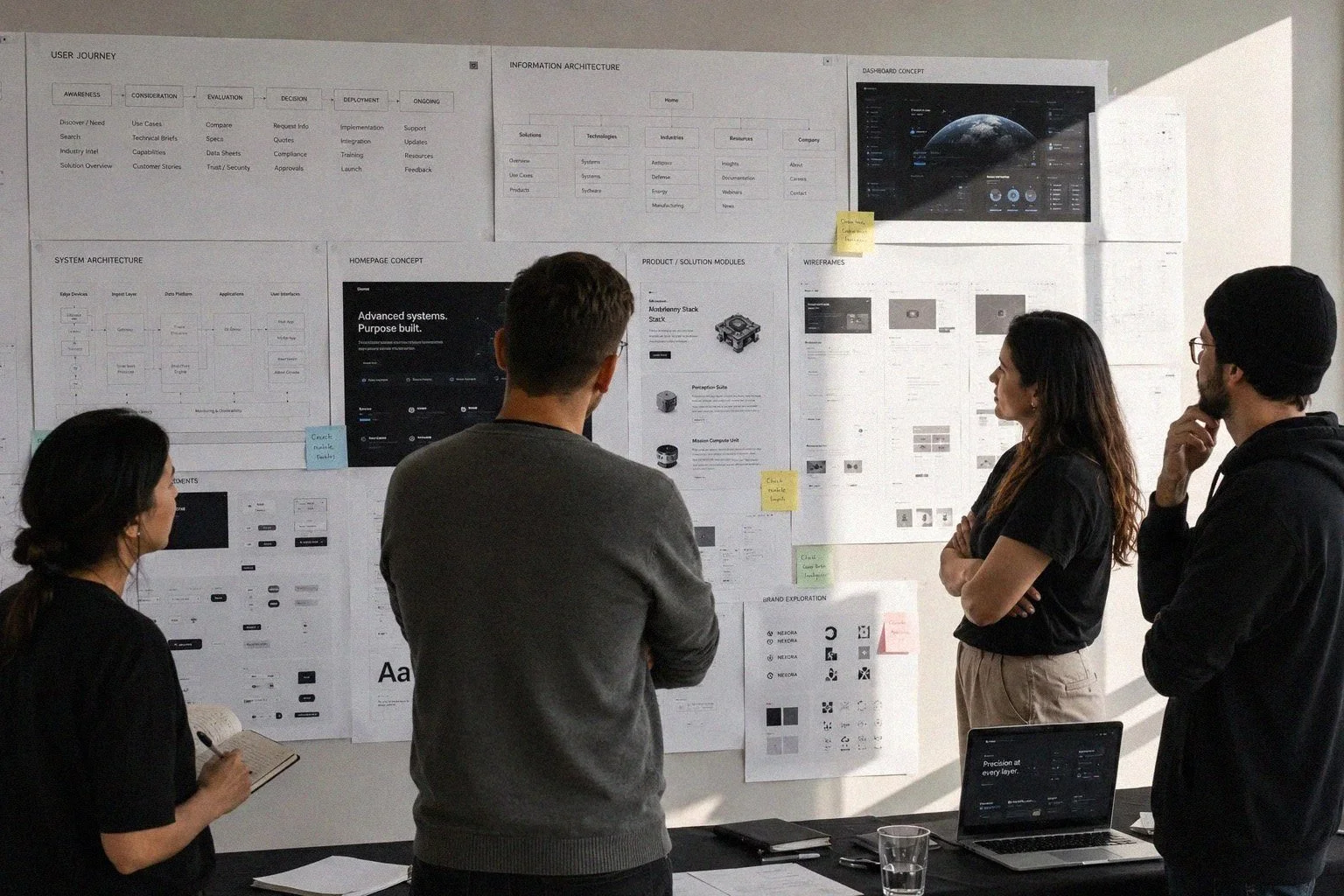 Group of five people standing in front of a wall with various design and wireframe posters, discussing a project in a meeting room.