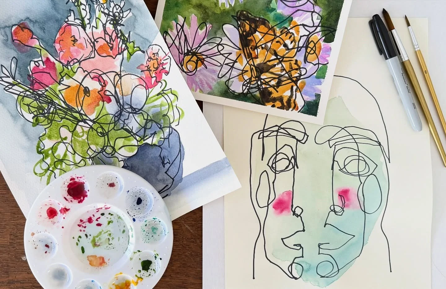 Back by popular demand: Expressive Watercolor! 

Expressive watercolor combines blind contour drawing with color impressionism. The result is a beautiful, loose, and lively semi-abstract artwork, and just as important- stress reduction for the artist