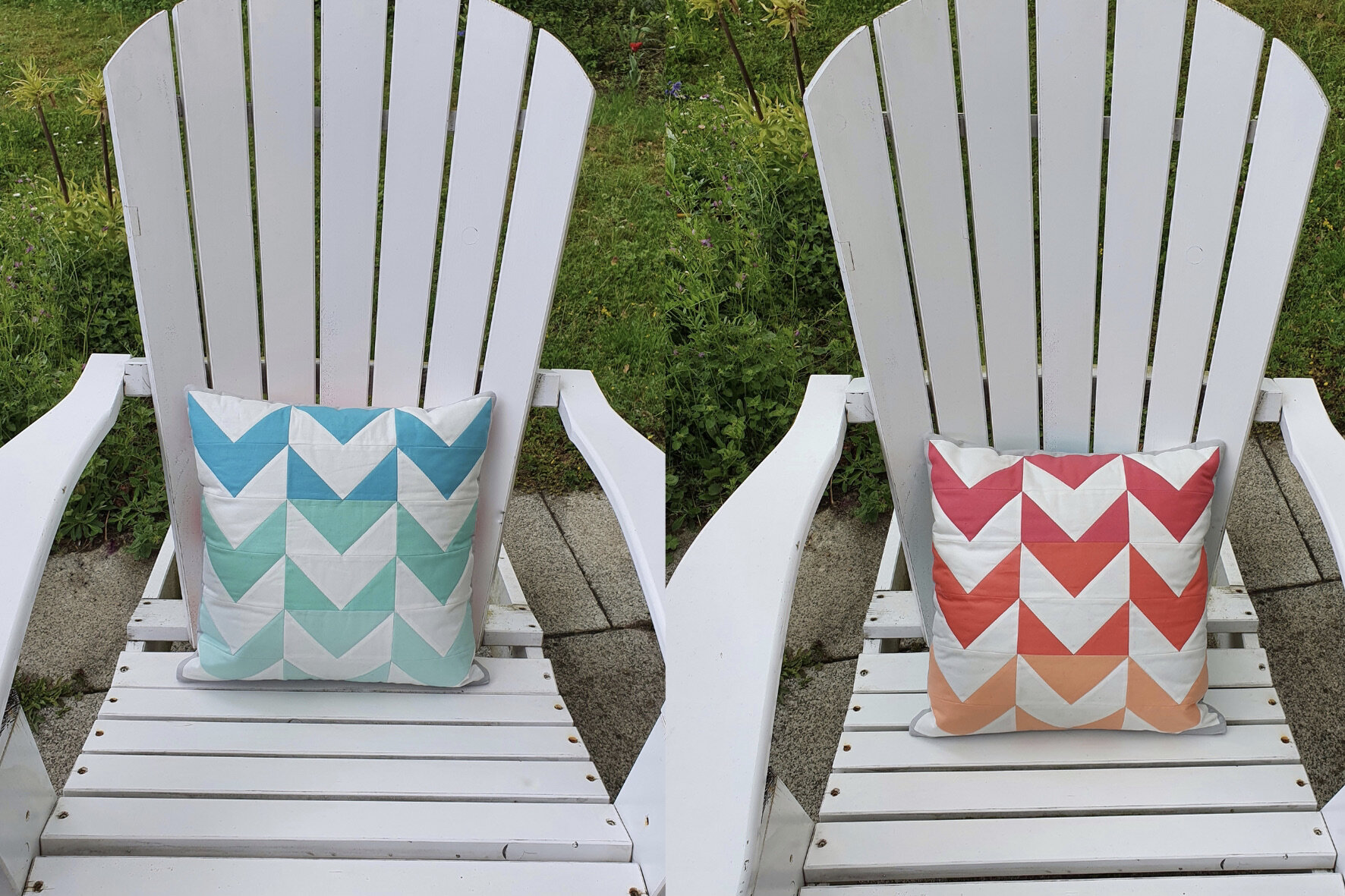 Tina used the baby sized flying geese to create this beautiful quilted pillow cover! I can’t decide which side is my favorite! I love both color combos so much! Tina shares her beautiful quilting all the way from Germany on IG @milmiria.
