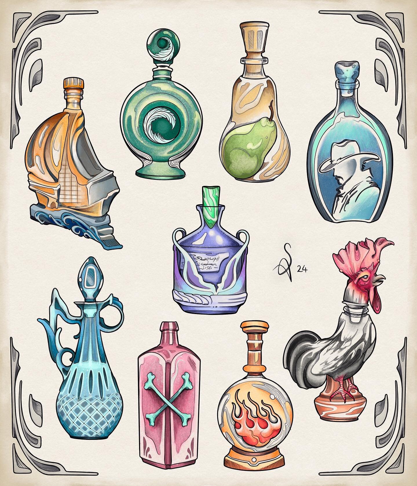 ꩜ AVAILABLE ꩜
Potion bottles, vintage glass and elixirs for my latest flash sheet. I&rsquo;d love to do these in colour, but they&rsquo;d also look great in black and grey. 

For bookings/enquiries send me a DM or email: s.amaterstein@gmail.com
@tanu