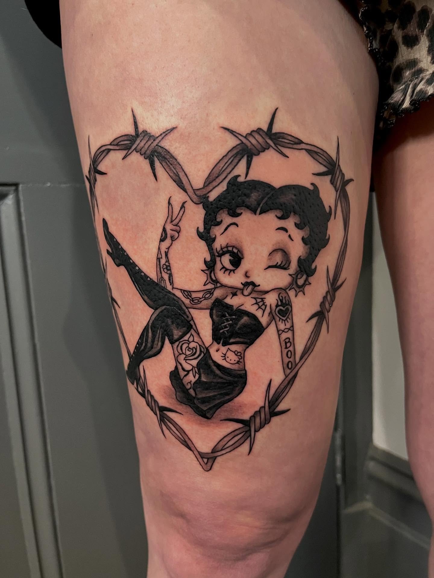 Betty Boop for lovely Carlie 🤍 Thank you for your trust! 
For bookings/enquiries send me a DM or email: s.amaterstein@gmail.com

.
.
.
#tanukitattoo #hawthorn #amatersteinart #melbournetattoo #bettyboop #bettybooptattoo #barbedwire #barbedwiretattoo