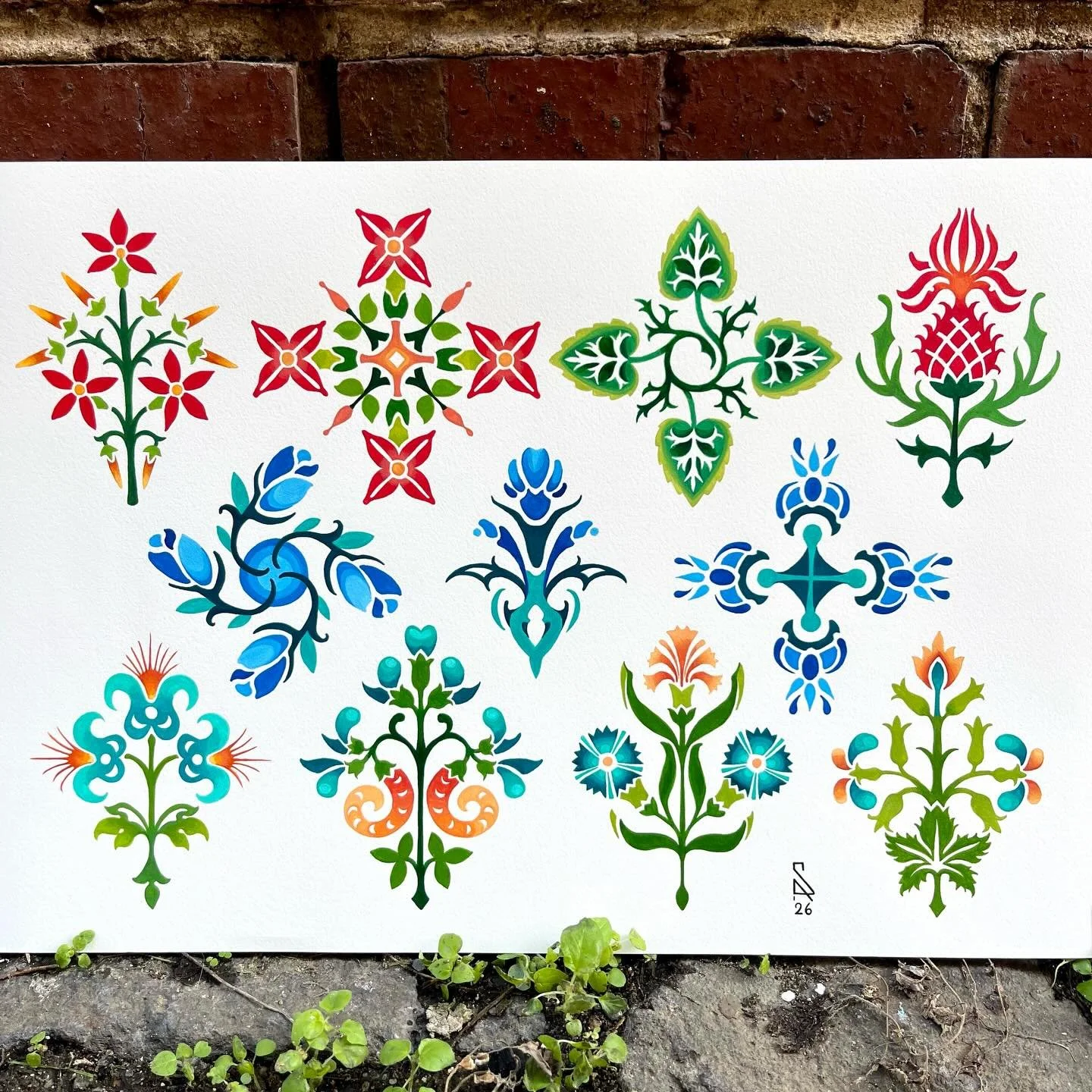 My new painted flash inspired by medieval floral ornament. I&rsquo;d love to tattoo any of these big or small. Get in touch via DM or email if they tickle your fancy: s.amaterstein@gmail.com
