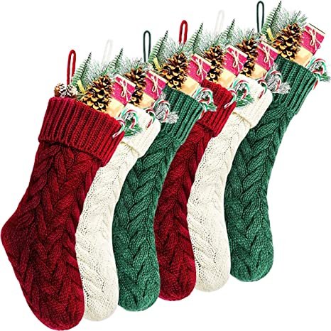 Multi colored red, green, white cable knit christmas stockings