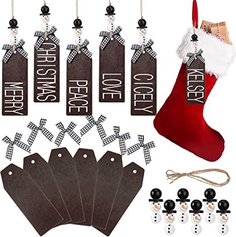 Christmas personalized stocking tags black and white buffalo plaid and snowman