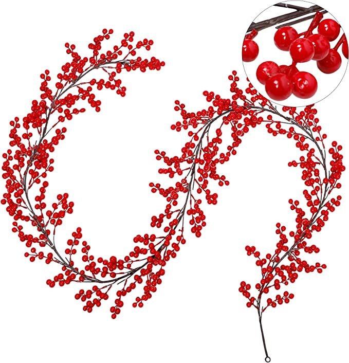 Red Berry Garland, 8.9FT Flexible Artificial Christmas Holly Berry Vine, Winter Berry Garland for Mantle Xmas Tree Window Door Hanging Indoor Outdoor Holiday Decoration