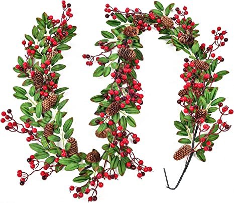 Red Berry Christmas Garland with Pine Cone Garland Artificail Garland Indoor Outdoor Garden Gate Home Decoration for Holiday Winter New Year Decor