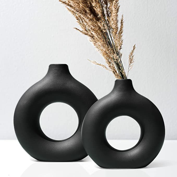 LZV Black Ceramic Vase Nordic Circular Matte Hollow Donut Flower Vases for Dinner，Office，Bedroom，Table，Party，Living Room (BlackMedium）