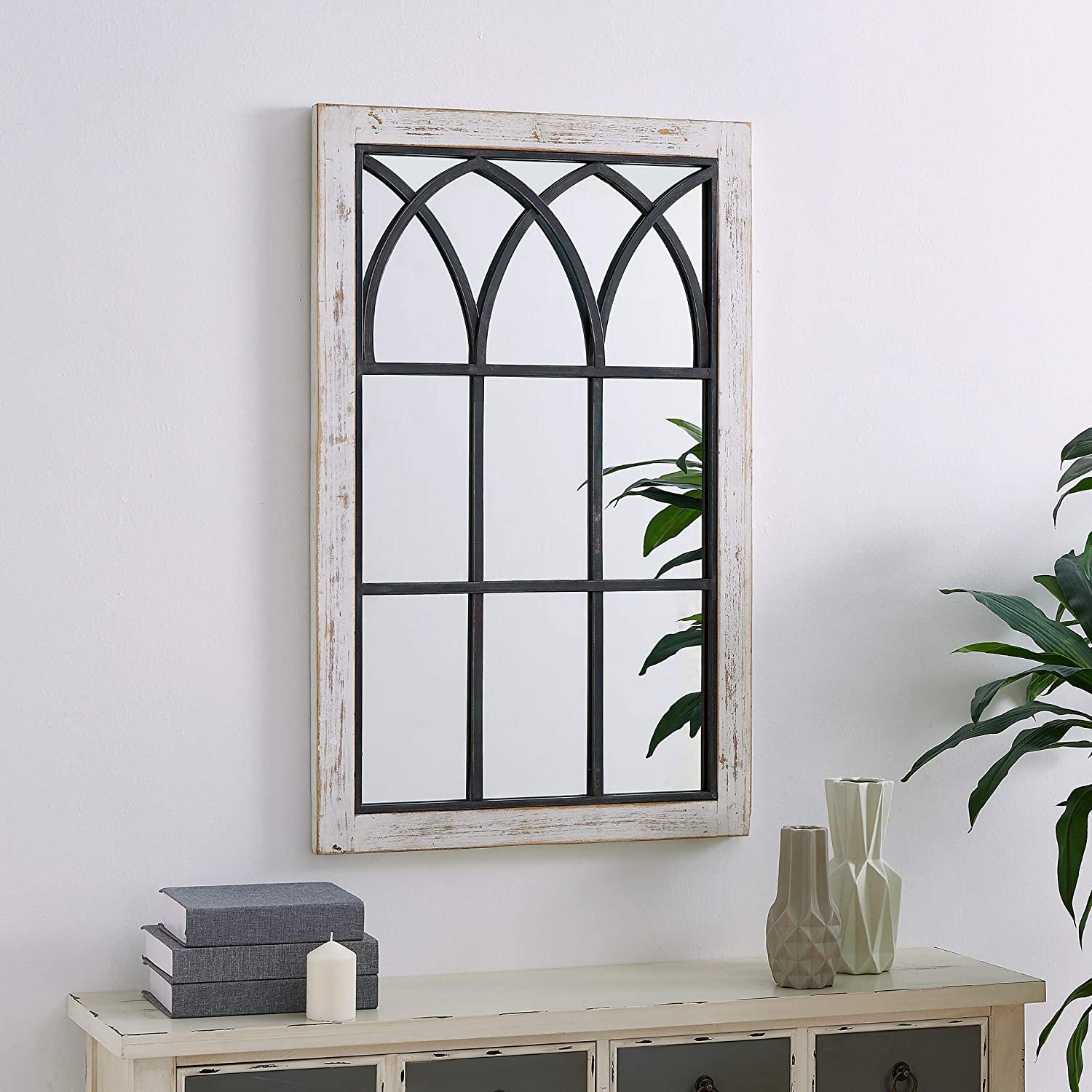 FirsTime &amp; Co. Vista Arched Window Accent Wall Mirror, 37.5" x 24", Distressed White