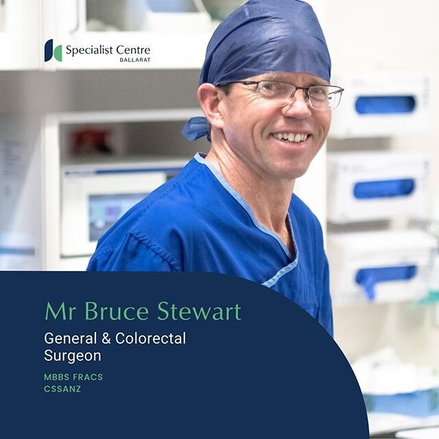 Mr Bruce Stewart is a General &amp; Colorectal Surgeon with interests in thoracic surgery. He is also one of the founding members of the Specialist Centre Ballarat. .
.
.
.
.
.
#generalsurgeon #generalsurgery #colorectalsurgery #ballarat #thoracicsur