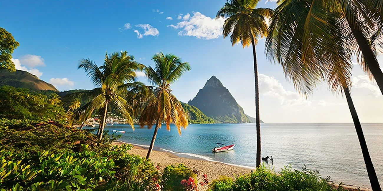 Tropical beach with palm trees, a boat on the water, mountains in the background, and a person with a horse on the beach.