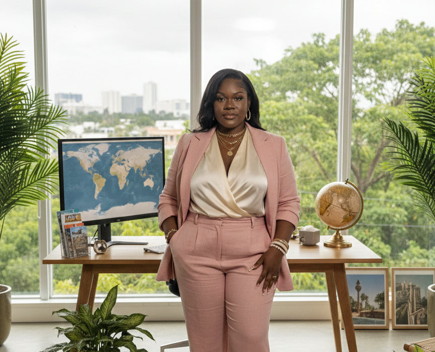 A confident woman in a pink suit posing in an office with large windows, a world map on a computer monitor, and plants.