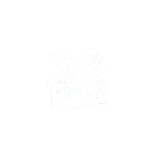 Iconic line drawing of an airplane, a boarding pass or ticket, coins, a wallet, and a dollar sign, representing travel and expenses.