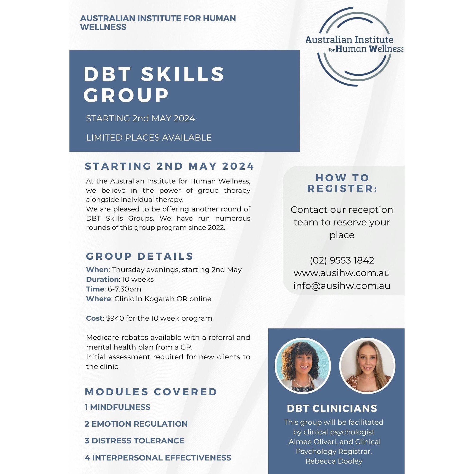 DBT SKILLS GROUPS are back for 2024!
Only a few places left in this round so please reach out if you&rsquo;re interested in participating. 
#DBT is an evidence based therapy. It is useful for clients with 
- borderline personality disorder 
- complex