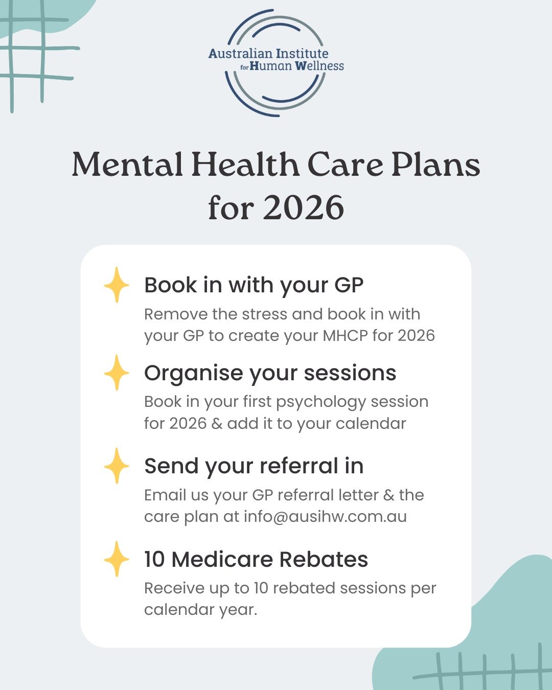MENTAL HEALTH CARE PLANS

Mental Health Care Plans are a key resource provided by GPs to gain access to up to 10 rebated psychology sessions per calendar year.

This means that every January 1st, a new set of 10 sessions becomes available given you r