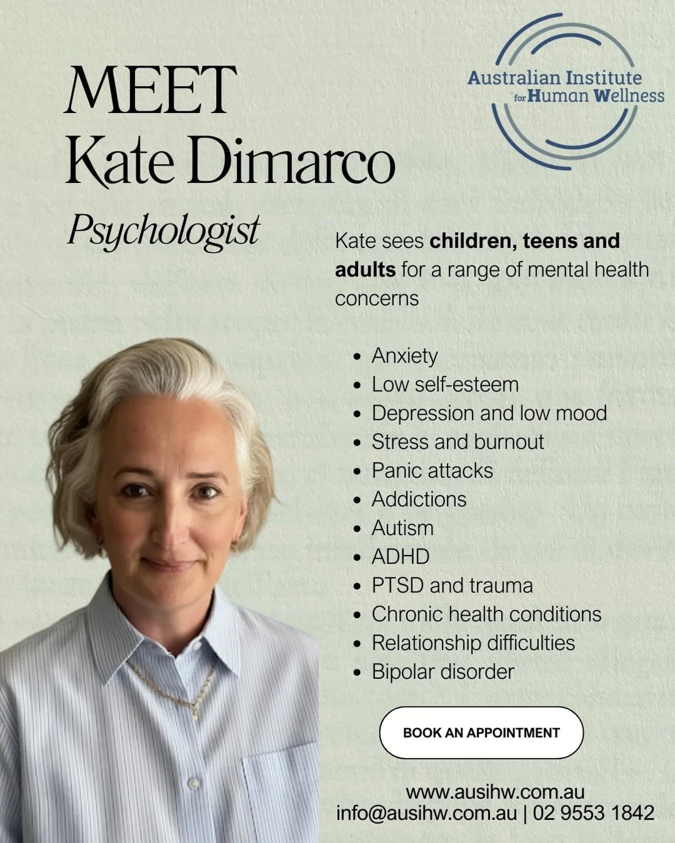 MEET KATE! 
Kate is one of our psychologists at the clinic. 
Kate is at the clinic on Tuesdays &amp; Fridays, with current availability from February to see new clients.  She works with children, adolescents and adults. 
Contact us to book your appoi
