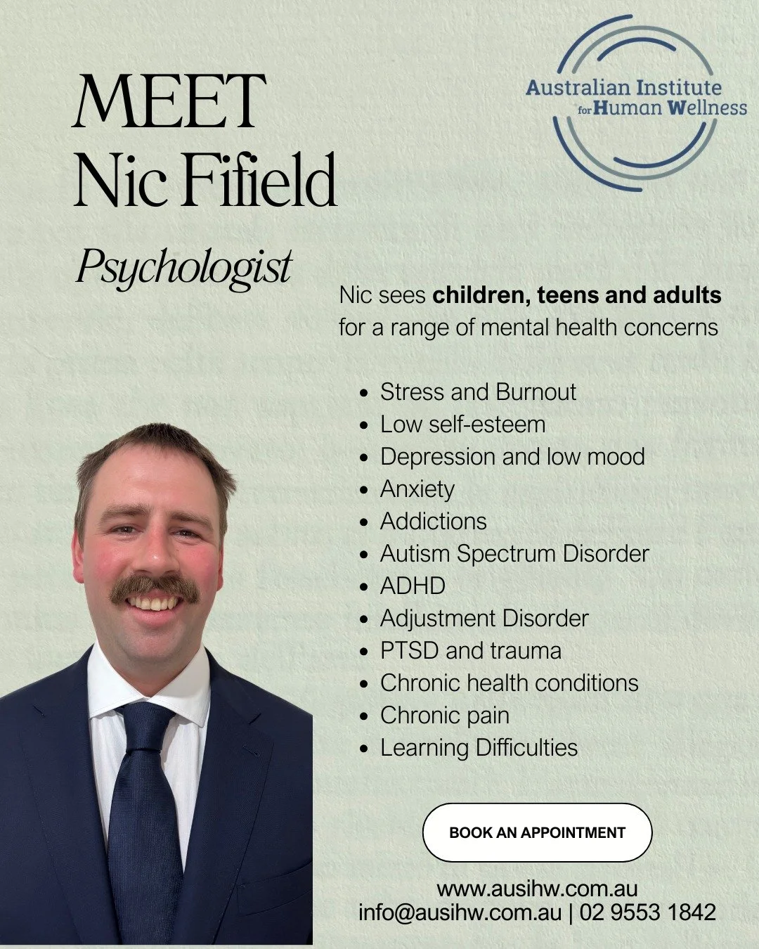MEET NIC!🌟

Nic is one of our wonderful psychologists at AUSIHW, bringing extensive experience and genuine care to each and every session.

With a diverse background working with children, adolescents, and adults, Nic provides individual therapy and