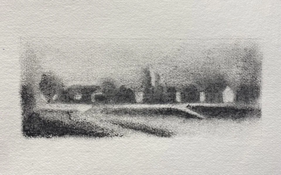 After Daubugny, 2023, Charcoal on Khadi paper, 30 x 40cm.