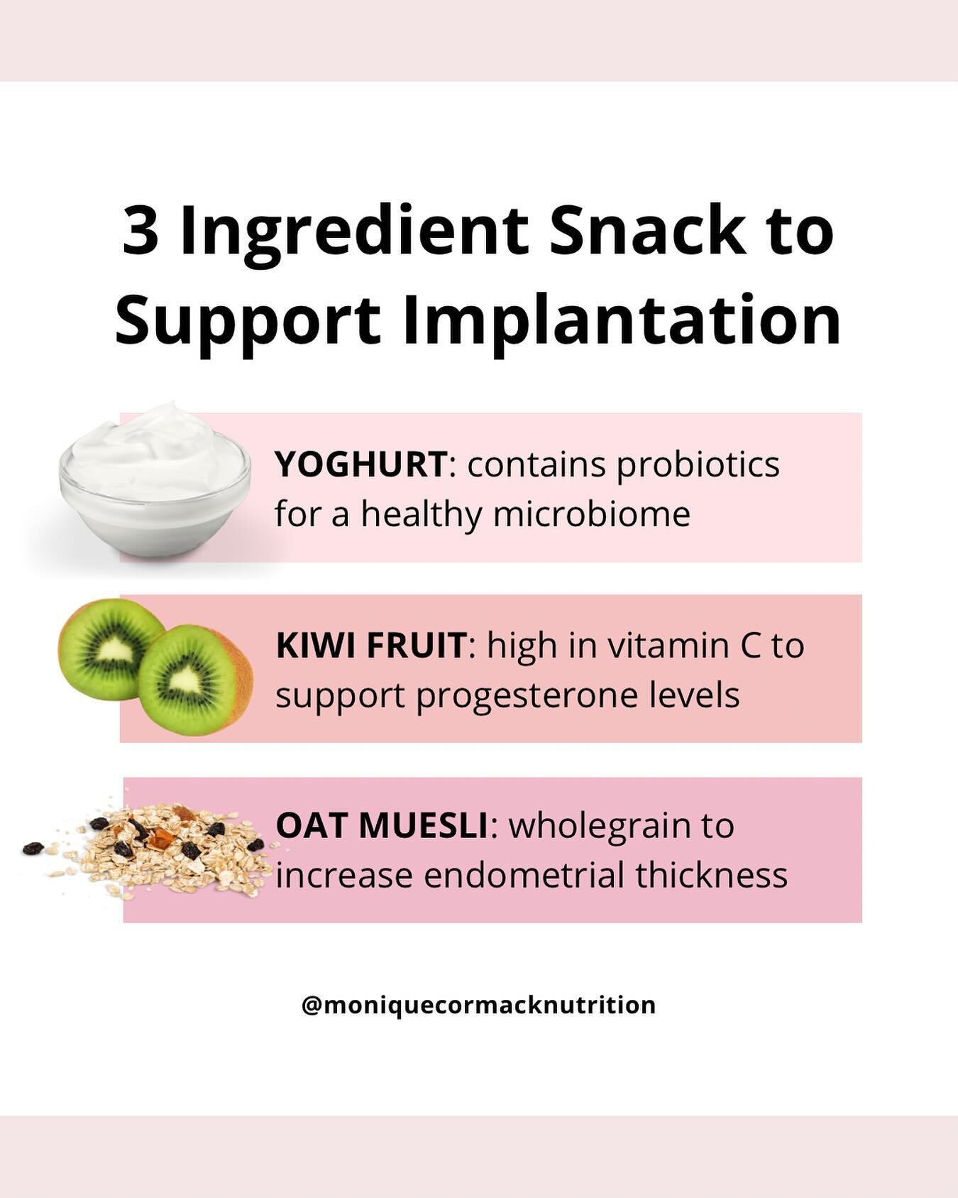 EASY SNACK TO SUPPORT IMPLANTATION 🎯⁣
⁣
Save this super simple idea!⁣
⁣
🥣 Yoghurt, a great source of probiotics to support a healthy balanced microbiome. Emerging research suggests the composition of the uterine microbiome may affect implantation.⁣