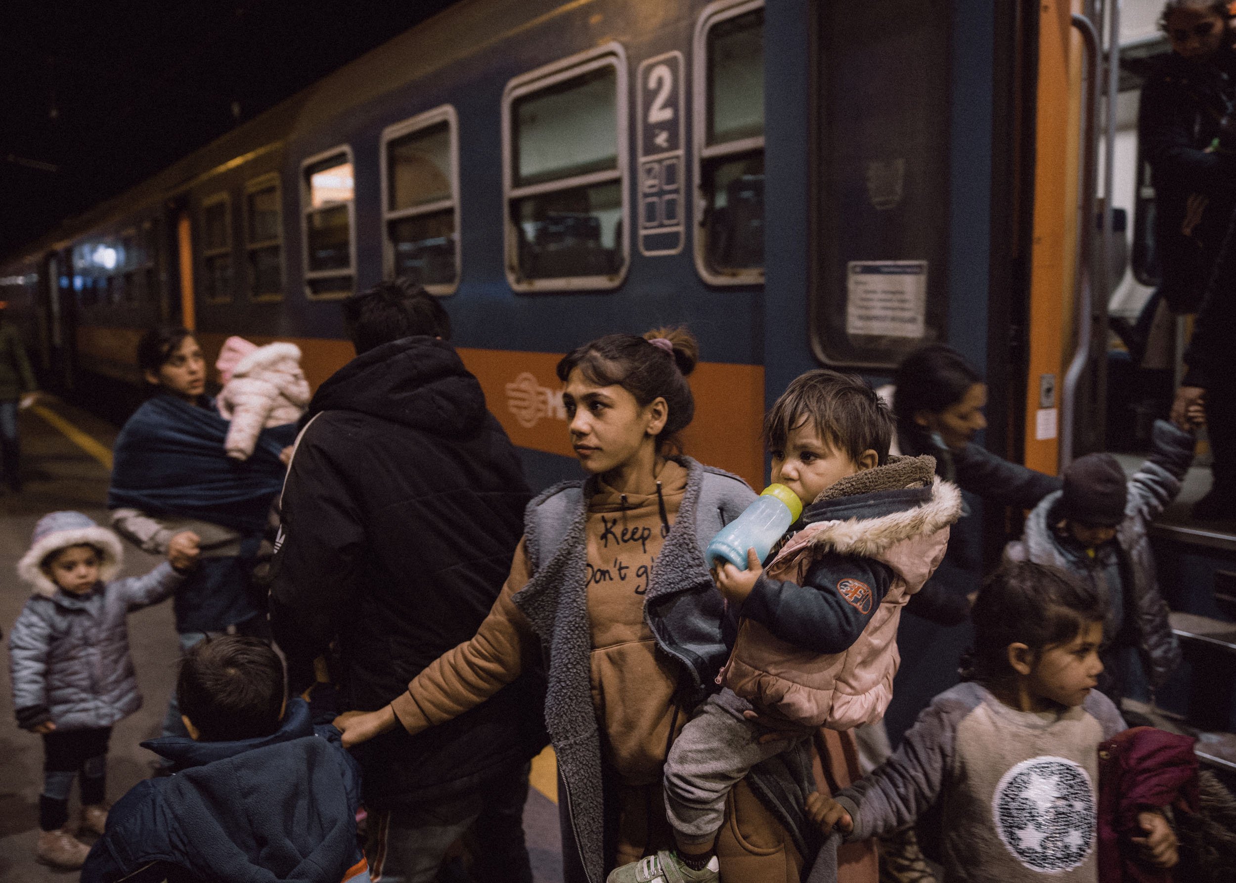  Ukrainan women and children arrive to the Western Railway Station from Zahony after border crossing at Zahony-Csap as they flee Ukraine on March 02, 2022 in Budapest, Hungary. 