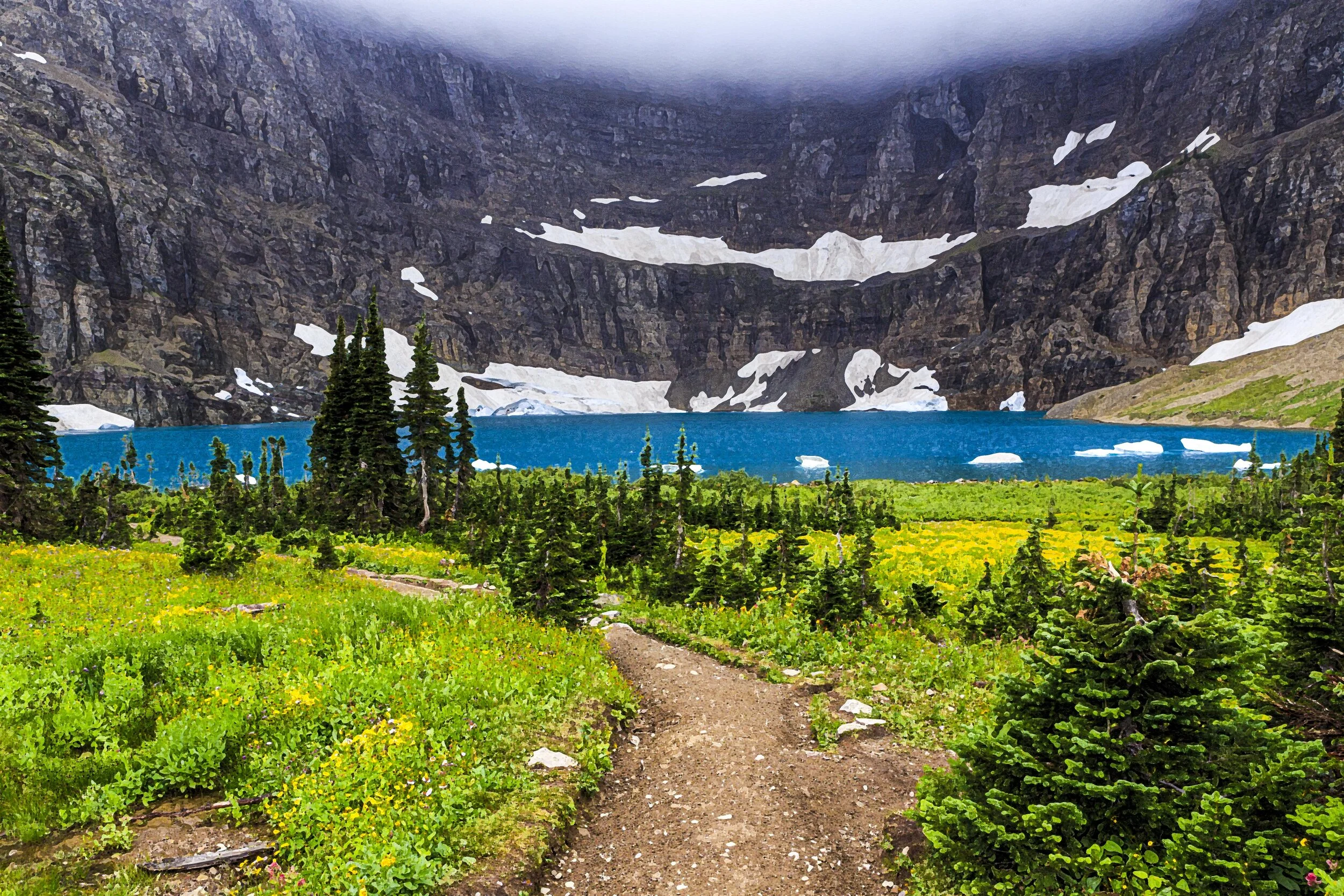 iceberg lake - glacier national park nps vintage poster style