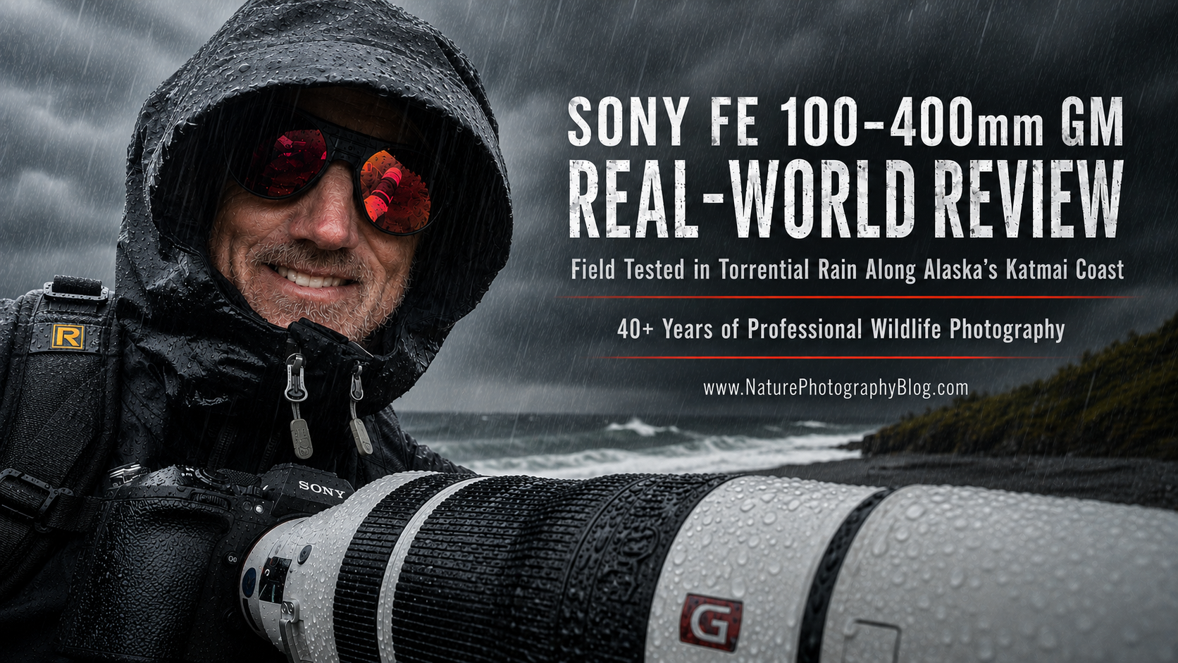 Christopher Dodds field testing the Sony FE 100-400mm GM lens during torrential rain along Alaska's Katmai Coast for a real-world wildlife photography review.