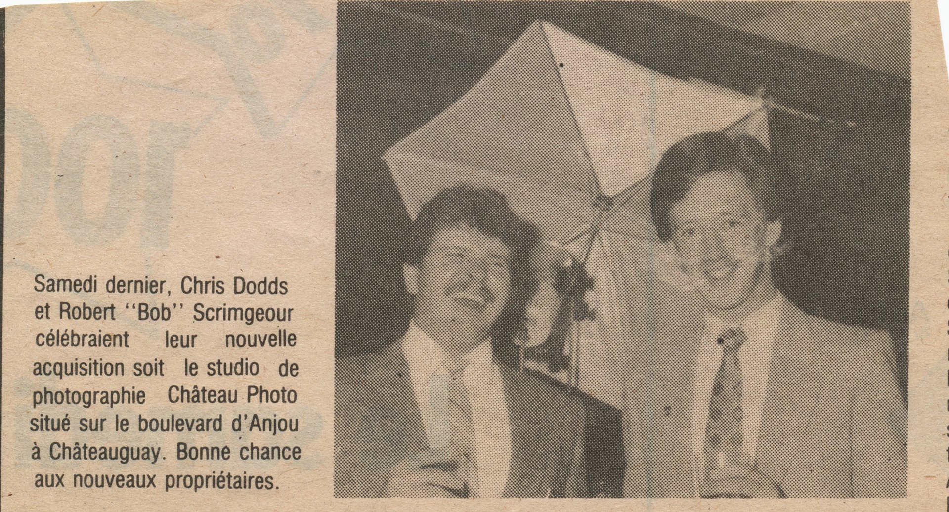 Original French newspaper article announcing Christopher Dodds and his business partner as the new owners of Chateau Photo in Châteauguay, Quebec. An English translation appears below the image.